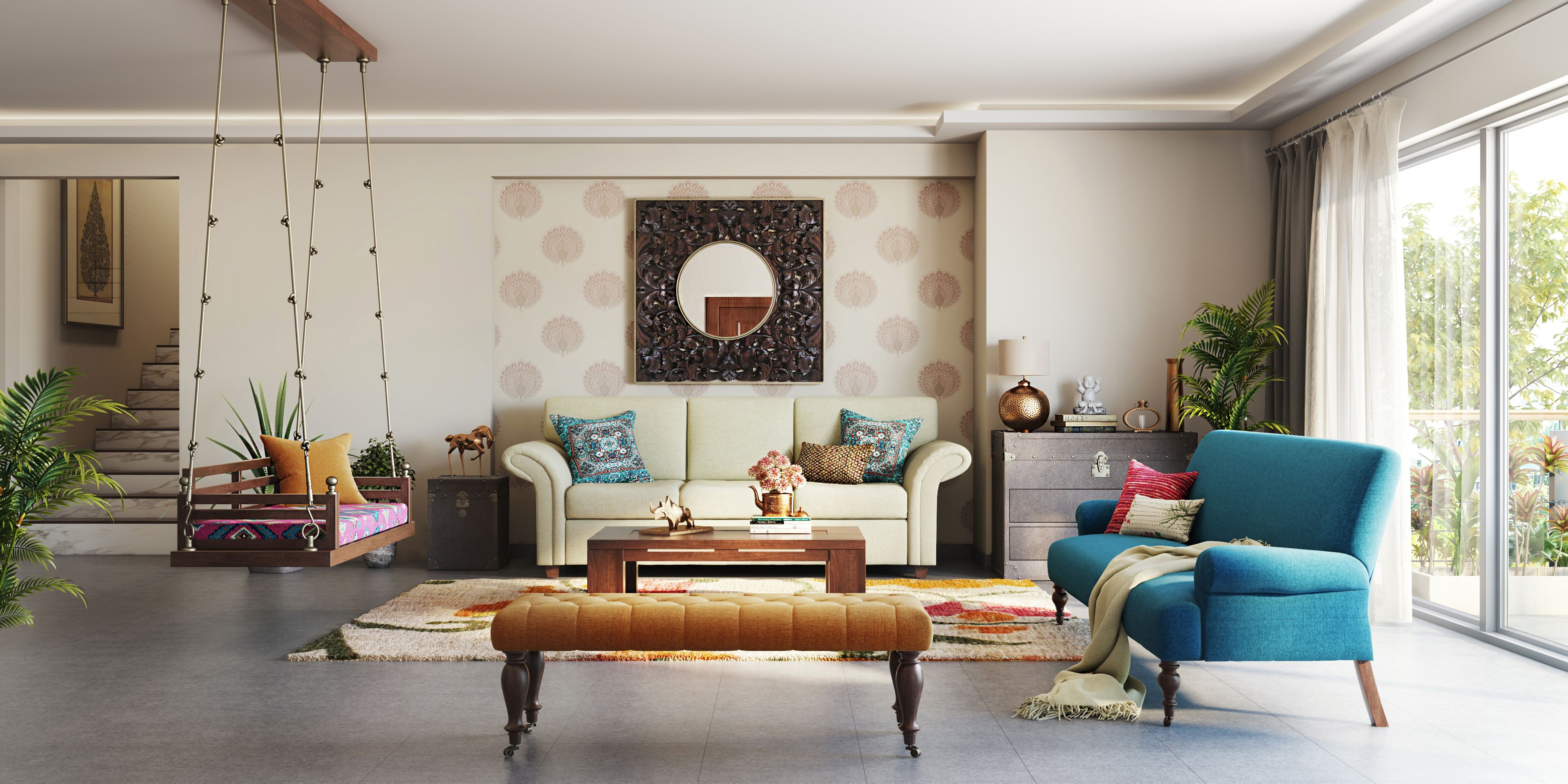 Spacious Living Room With Traditional Jhula And Floral Wallpaper