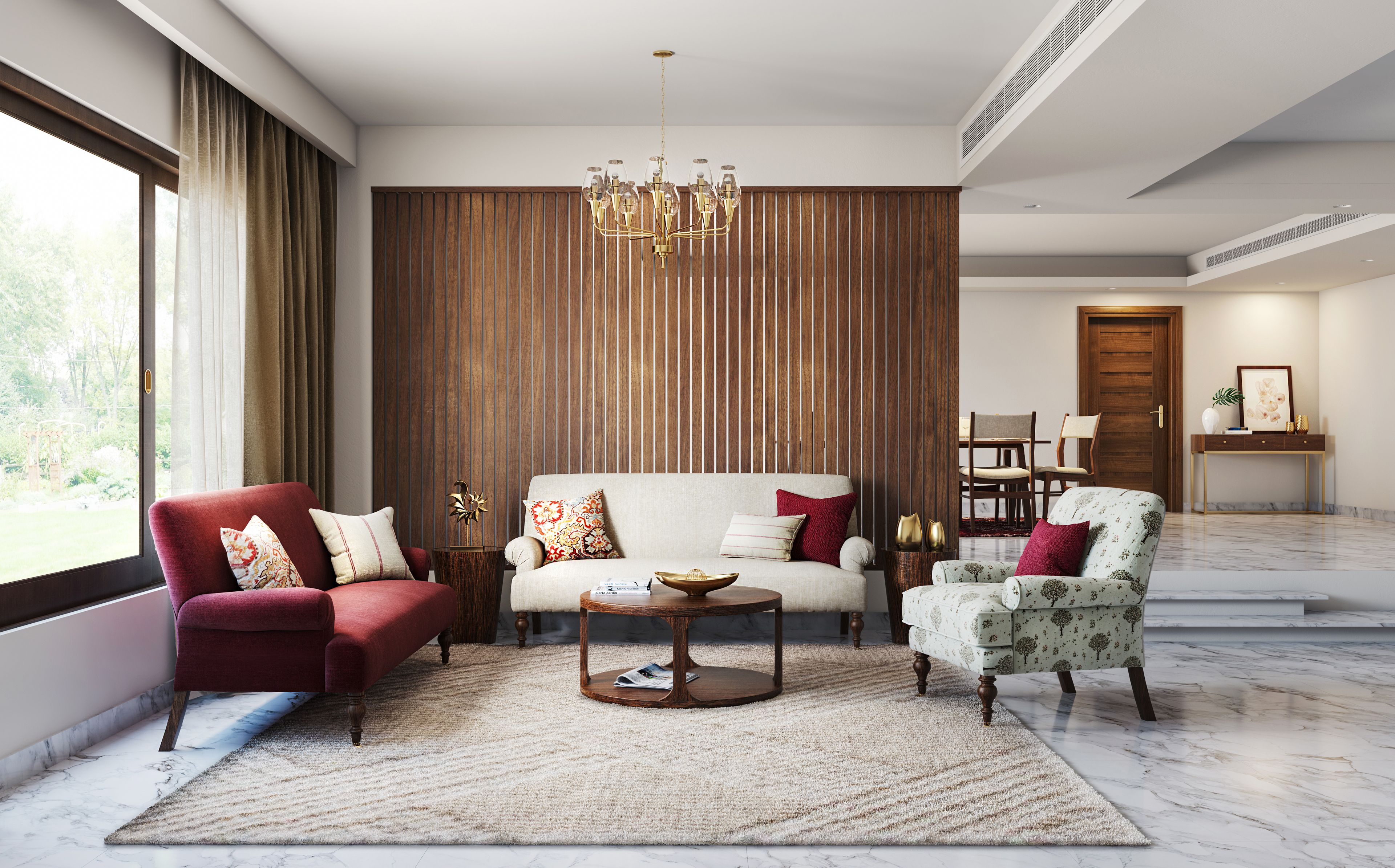 Spacious Living Room With Vertical Wooden Accent Wall