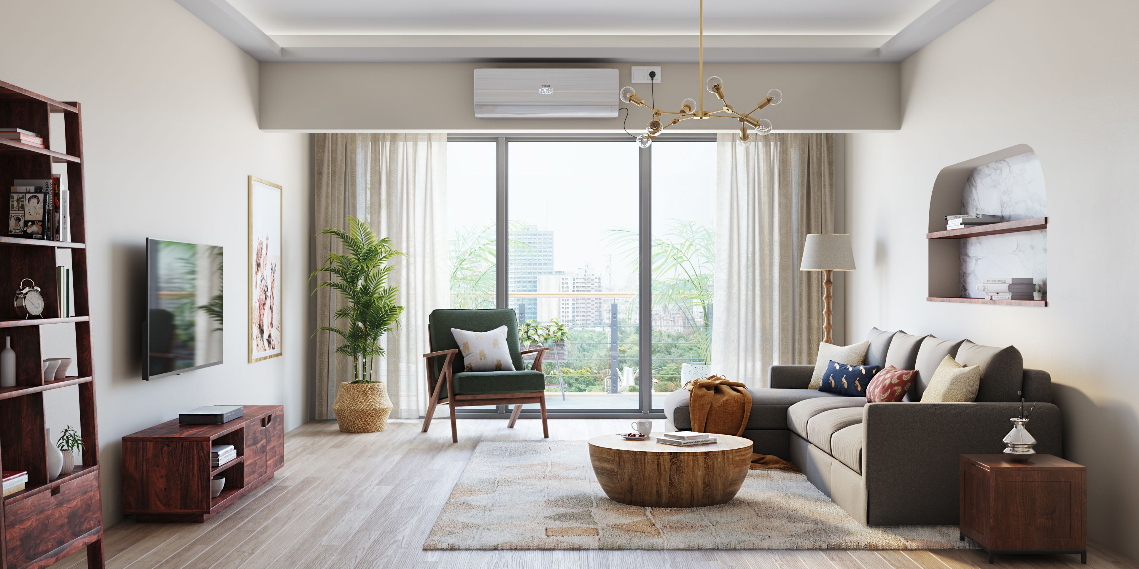 Spacious Light Toned Living Room With Open Shelving