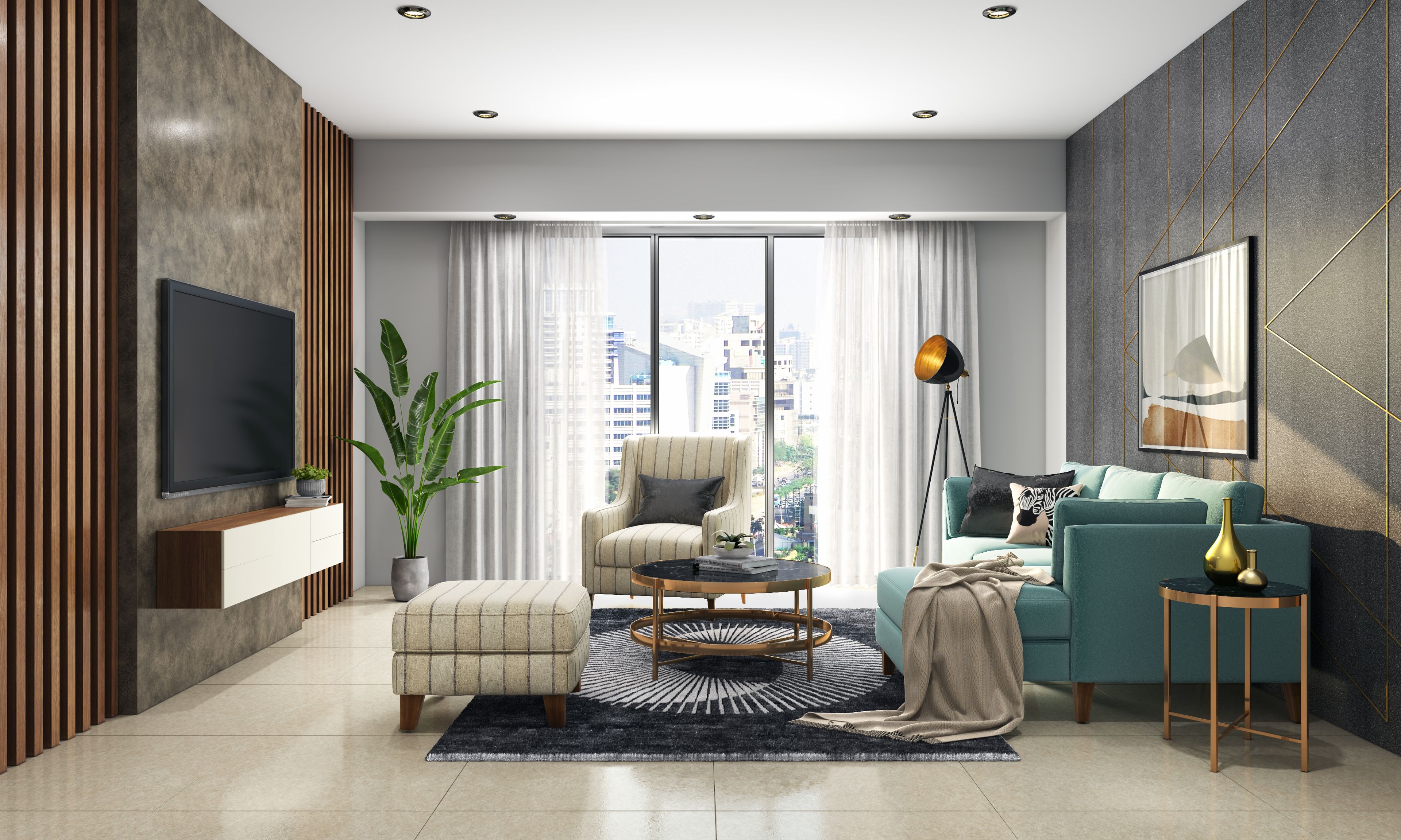 Spacious Stone Shaded Living Room With TV Unit Wall