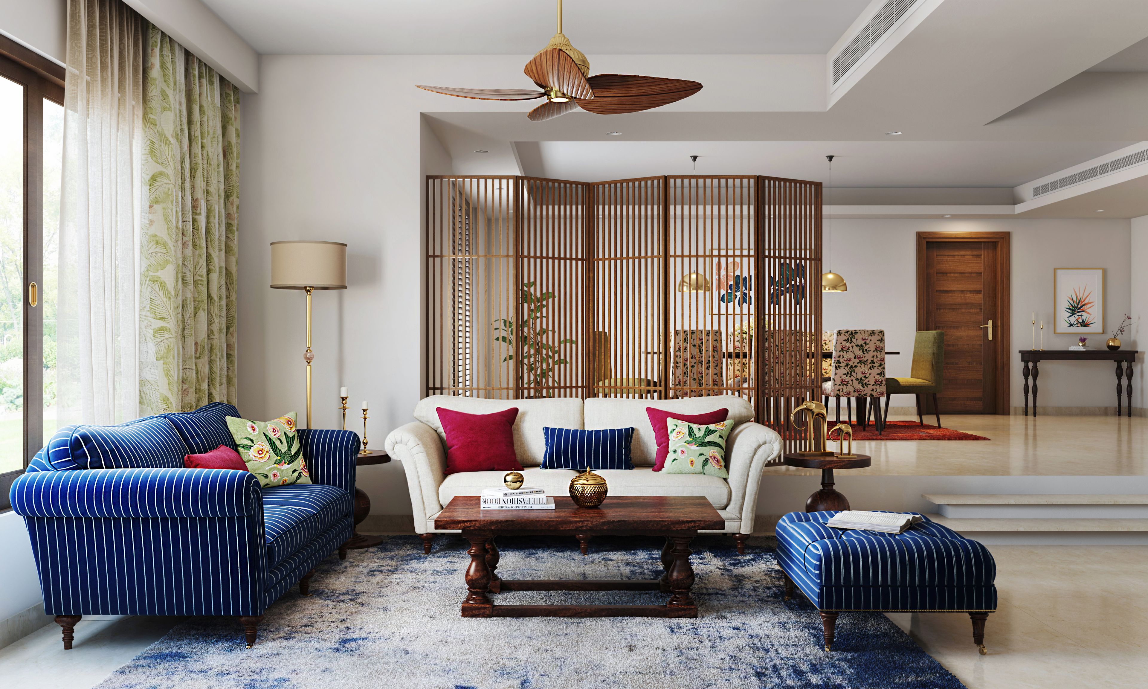 Spacious Blue And White Themed Contemporary Living Room