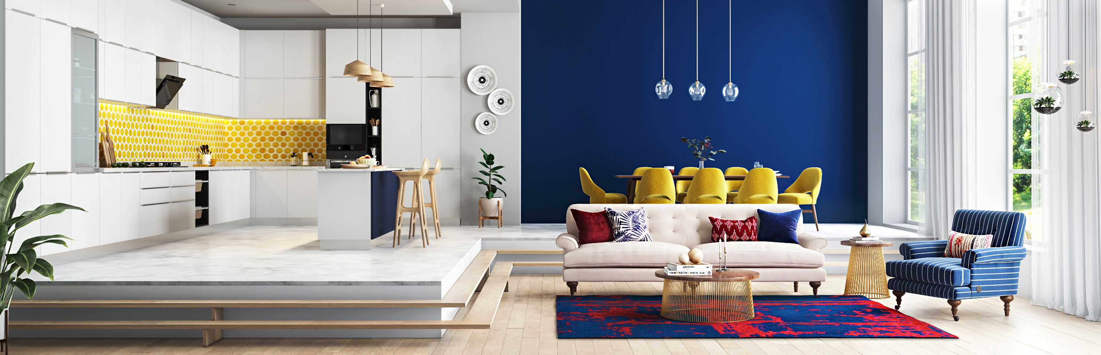 Spacious Neutral Colour Living Room With Vibrant Blue Wall