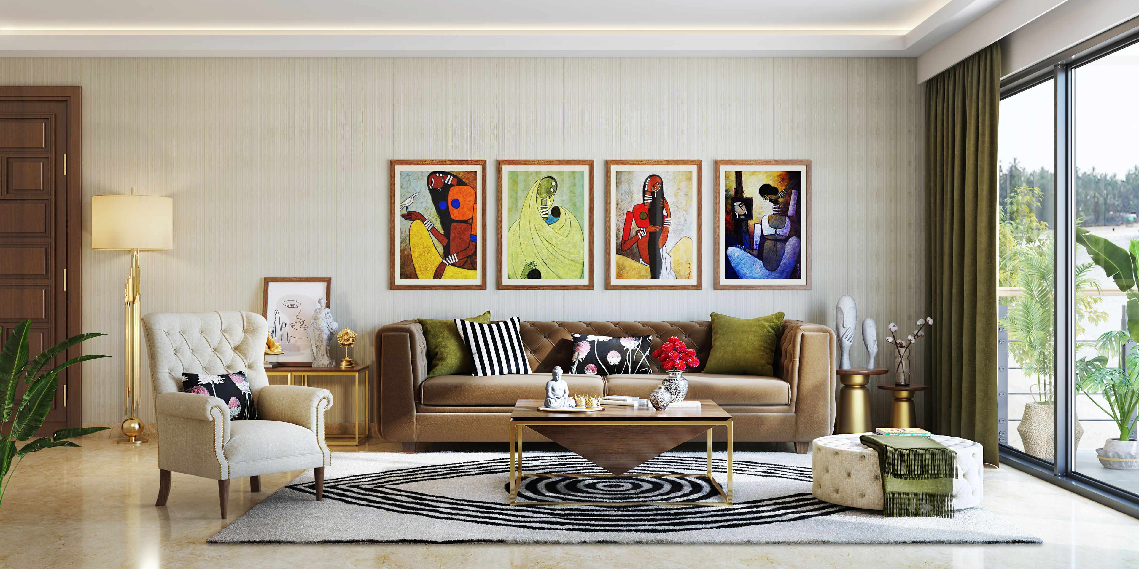 Spacious Living Room With Colourful Wall Frames