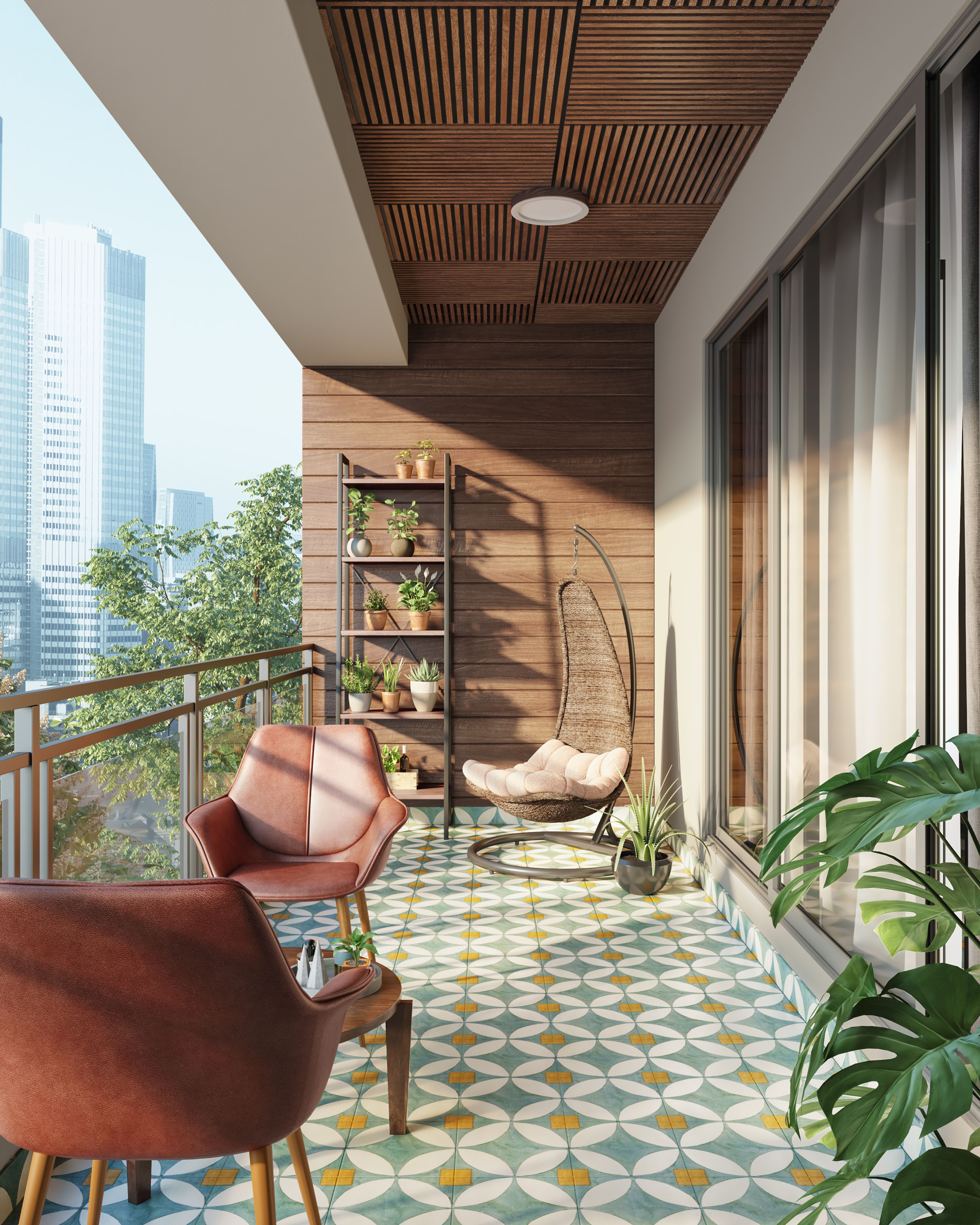 Spacious Balcony With Wooden Panelling And Patterned Flooring.