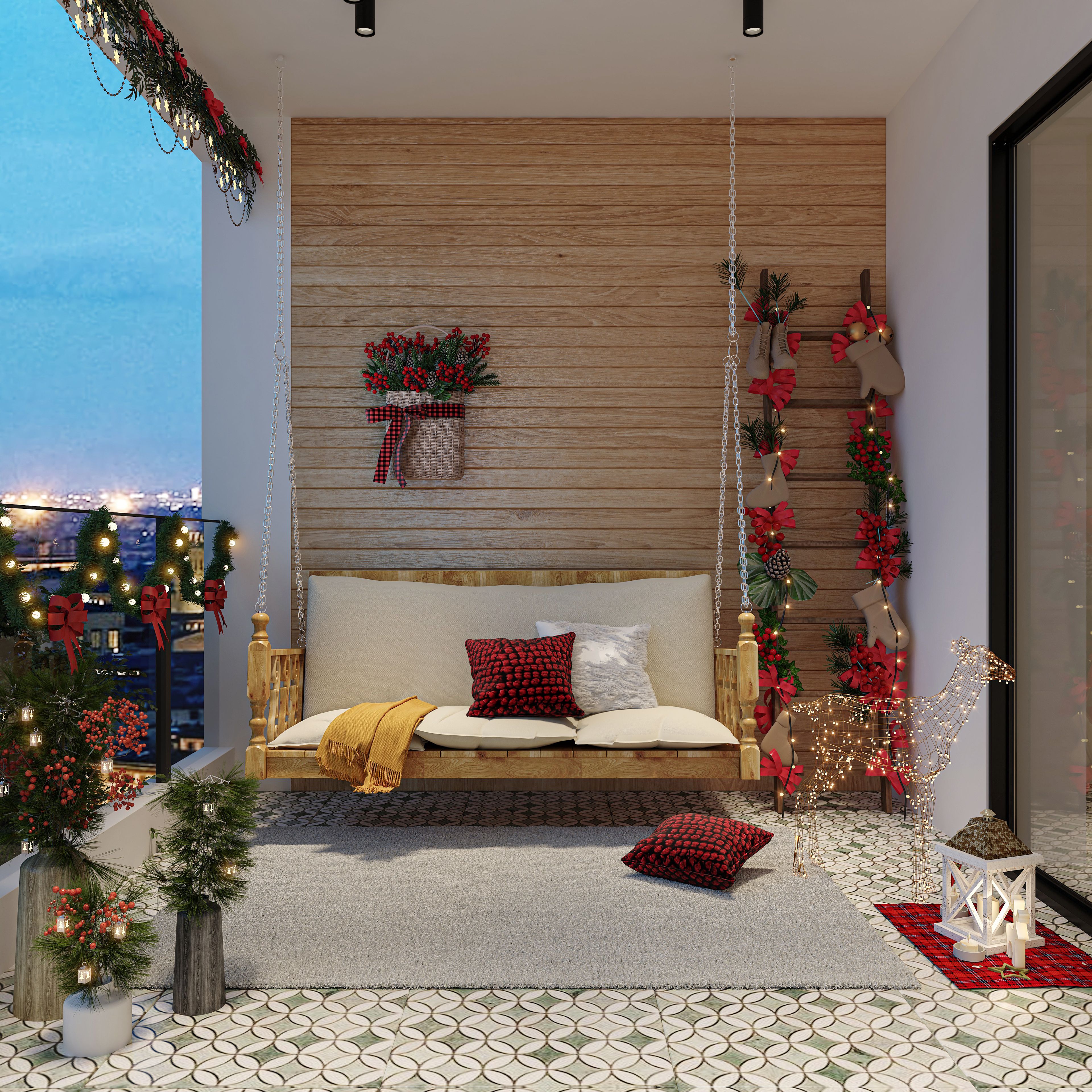 Spacious Balcony With Patterned Flooring And Swing