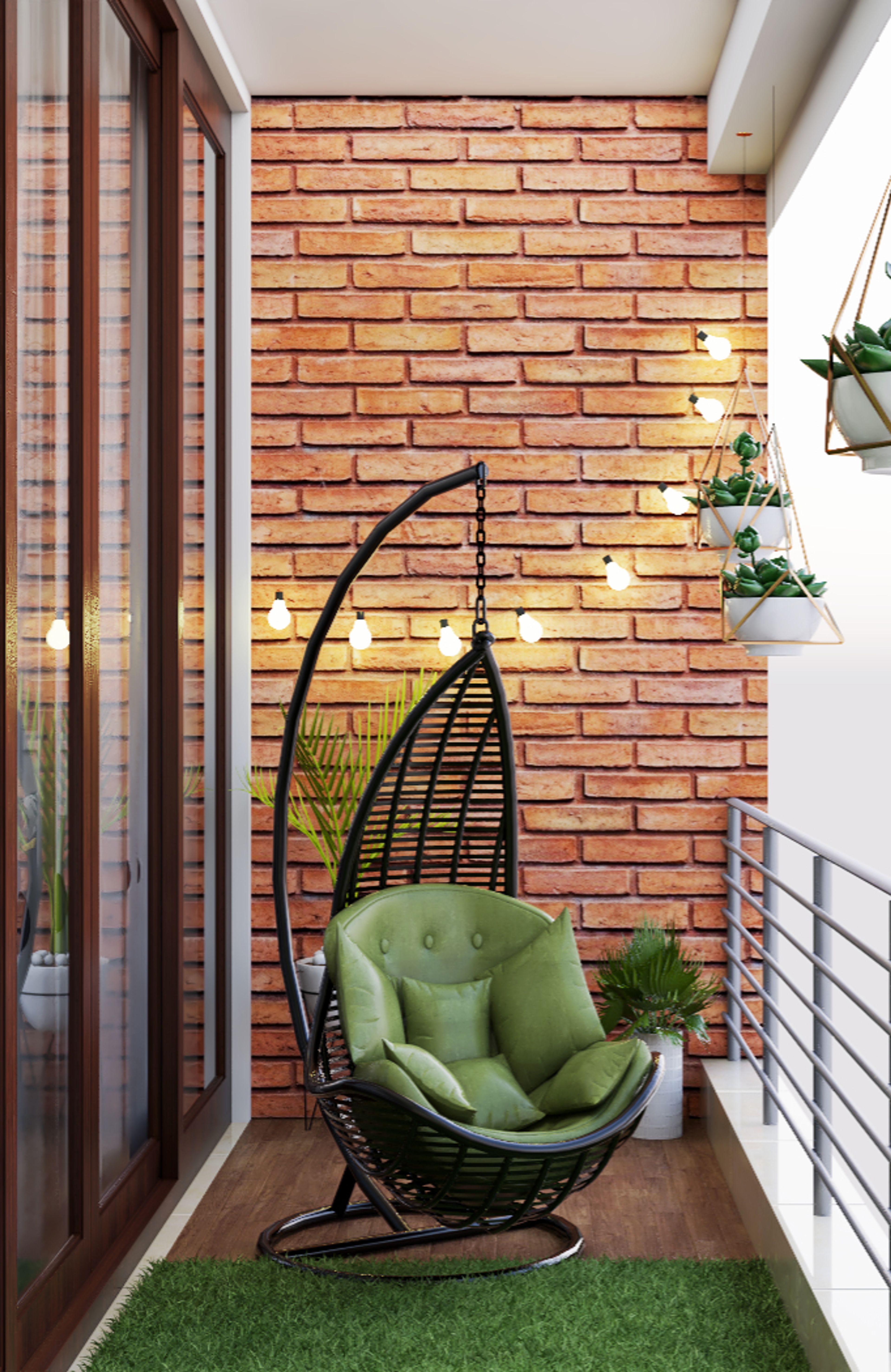 Small Balcony With Earthy Furnishings And A Swing