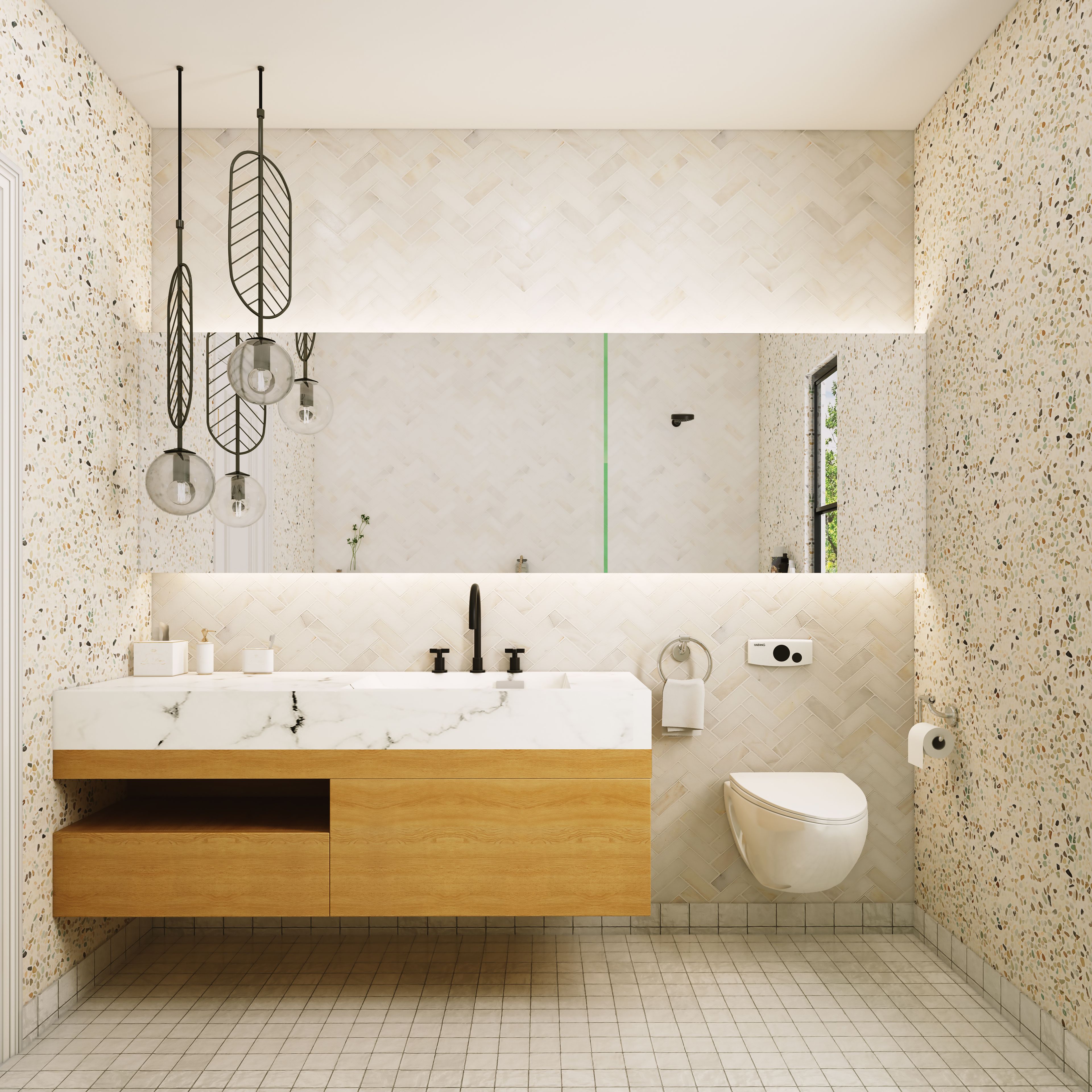Spacious Bathroom With Terrazzo Effect Walls