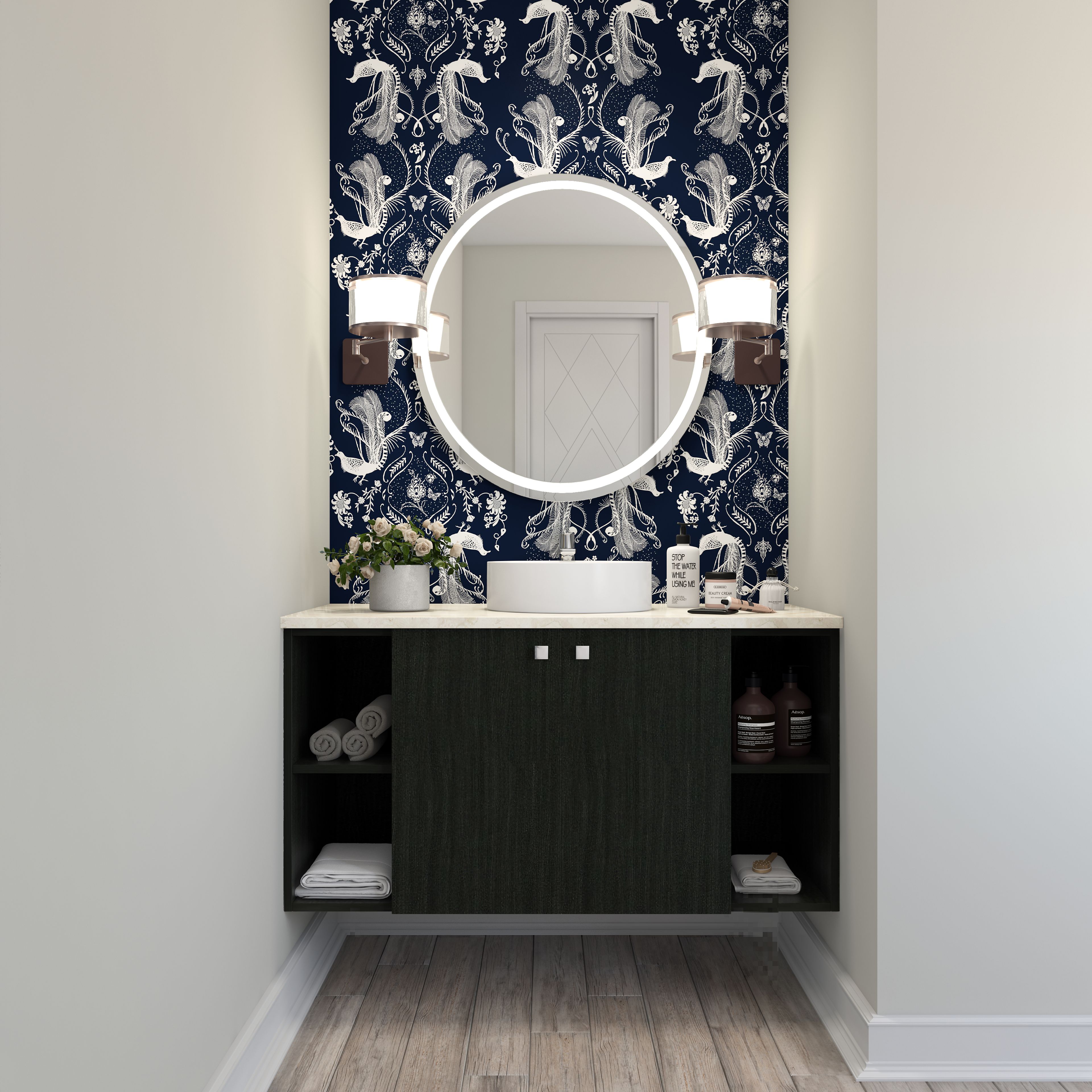 Small Classic Bathroom With Unique Wallpaper