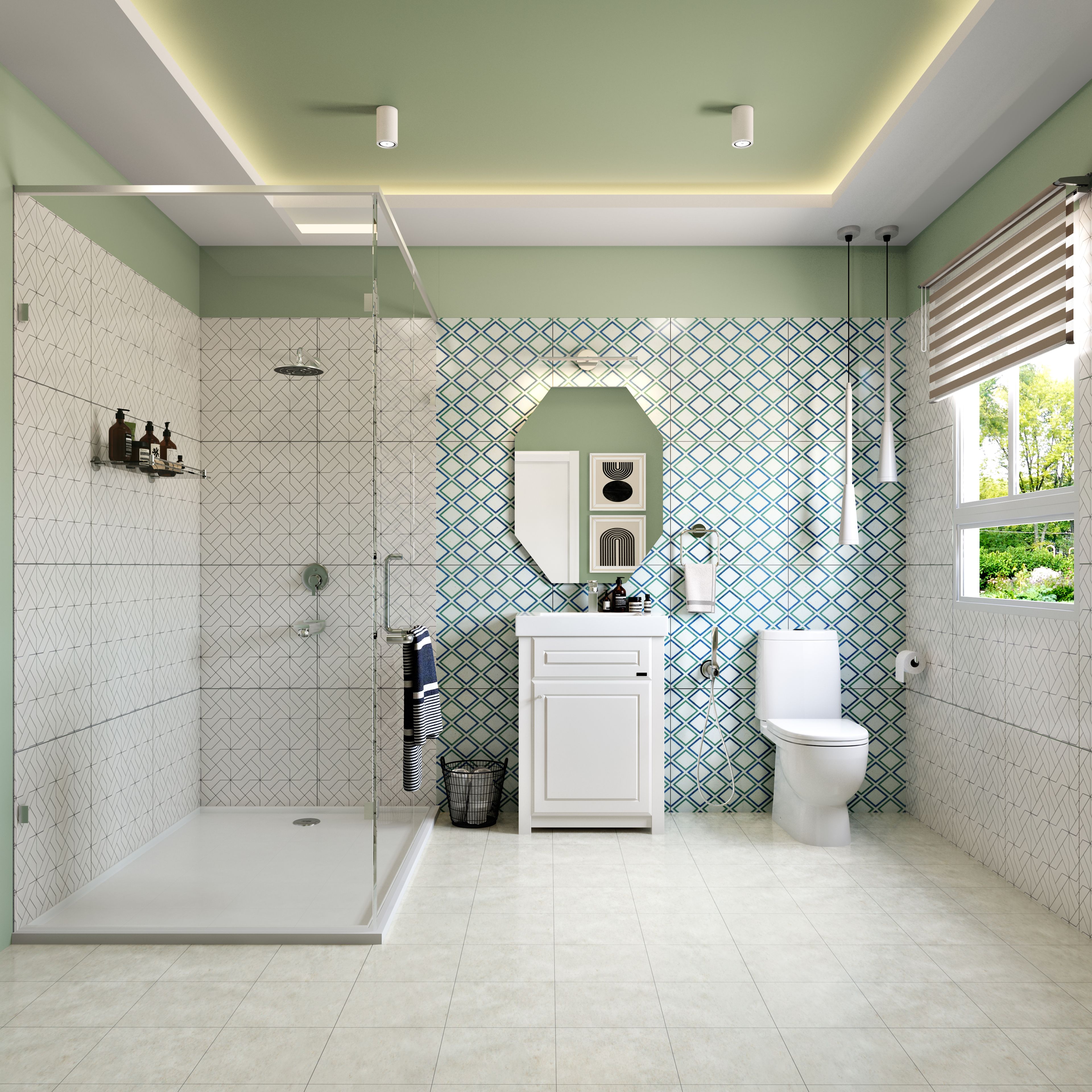 Minimal Style Bathroom With Geometric Pattern Wall Tiles