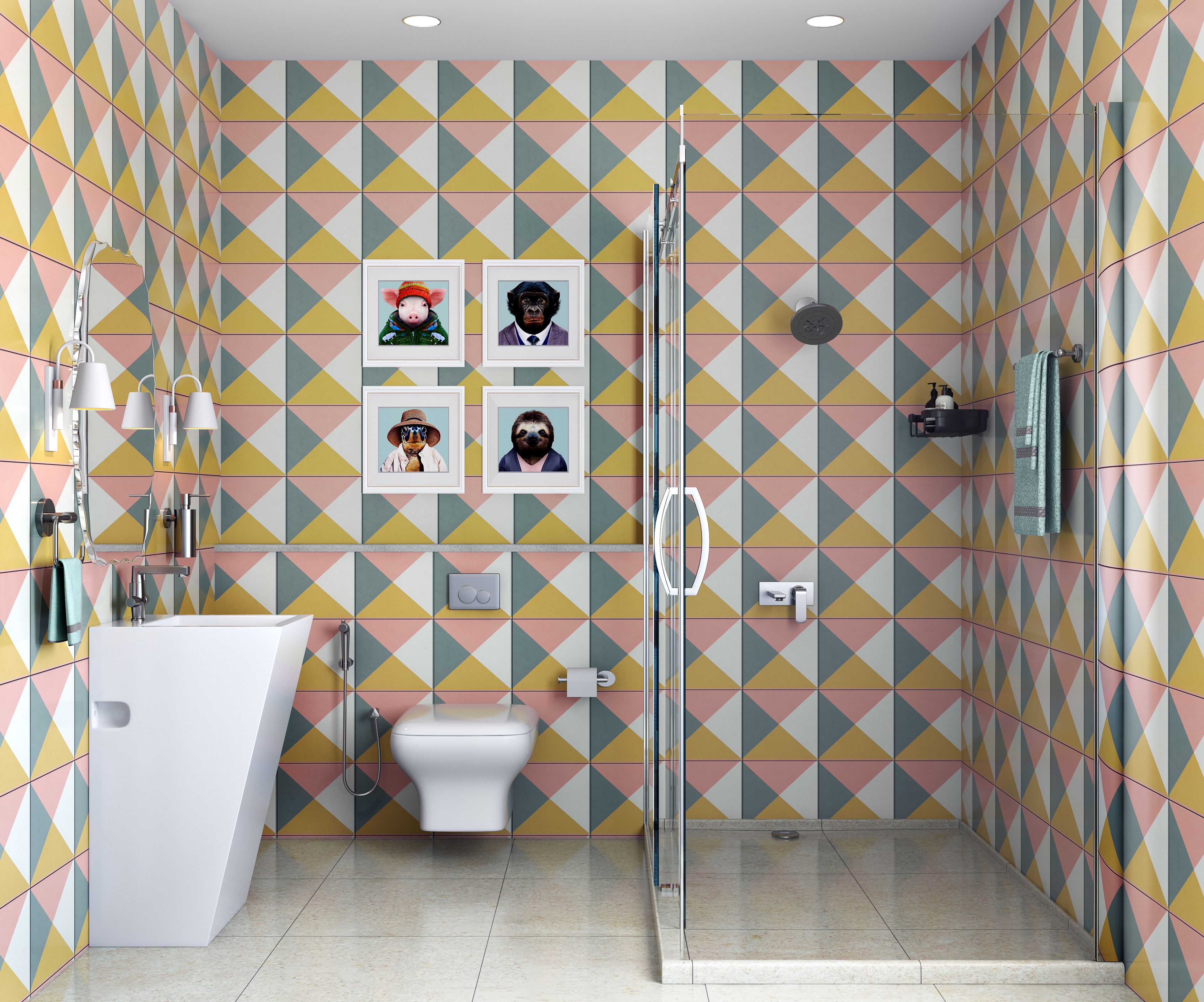Small Classic Bathroom With Geometric Wall tiles