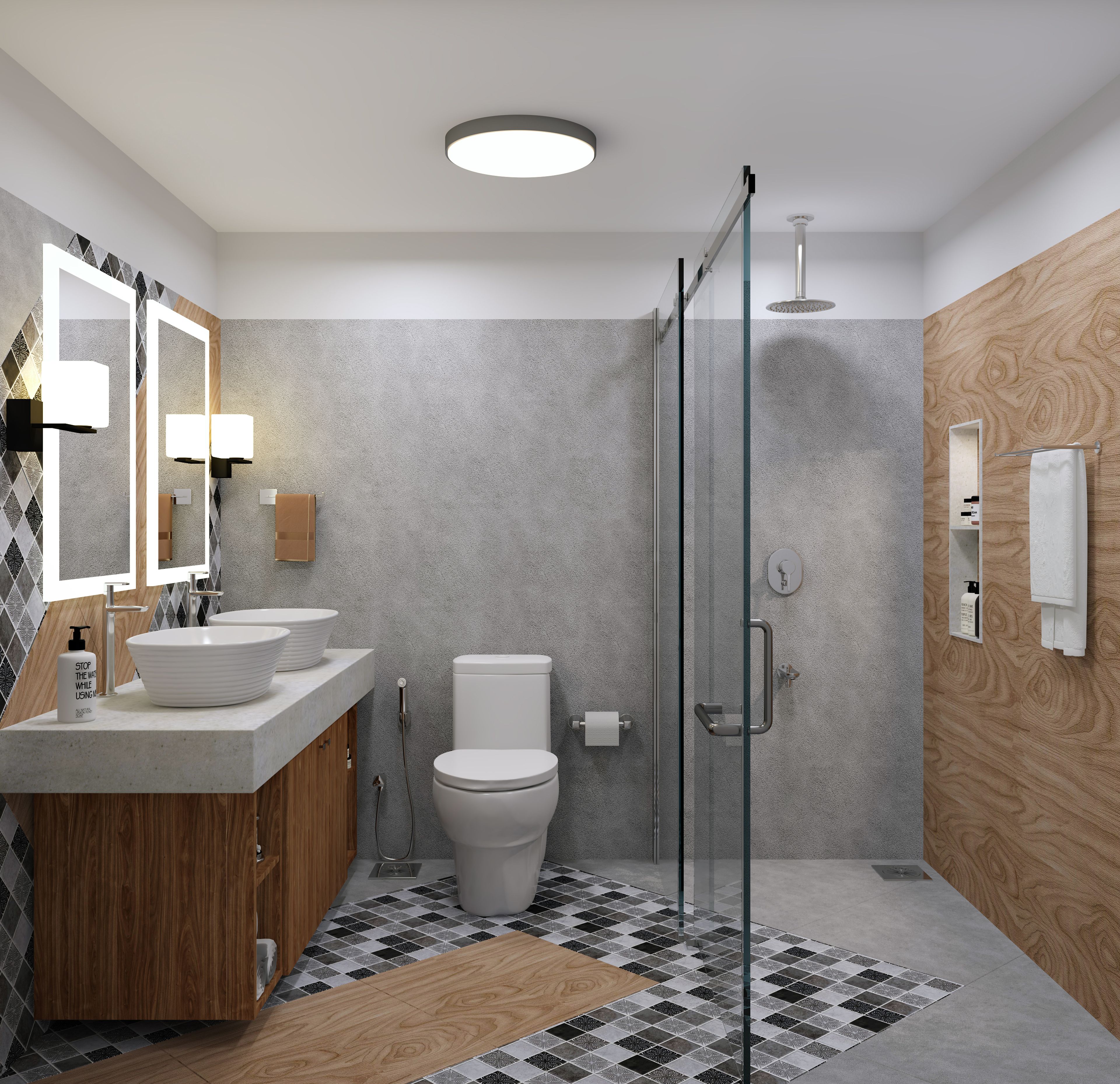 Small Contemporary Bathroom With Vinyl Record Design On Wall And Floor