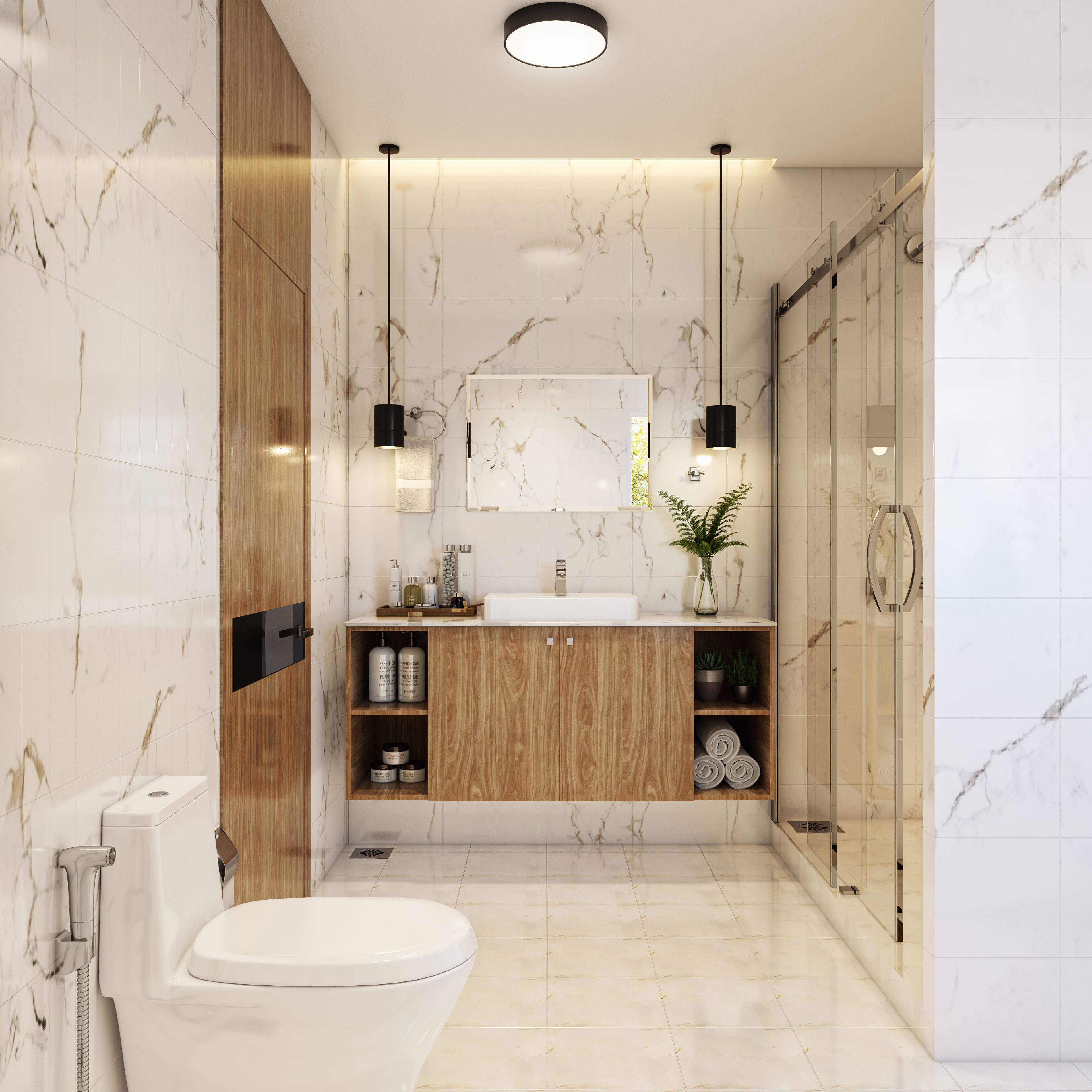 Premium Marble Finished Modern Bathroom With Minimal Storage