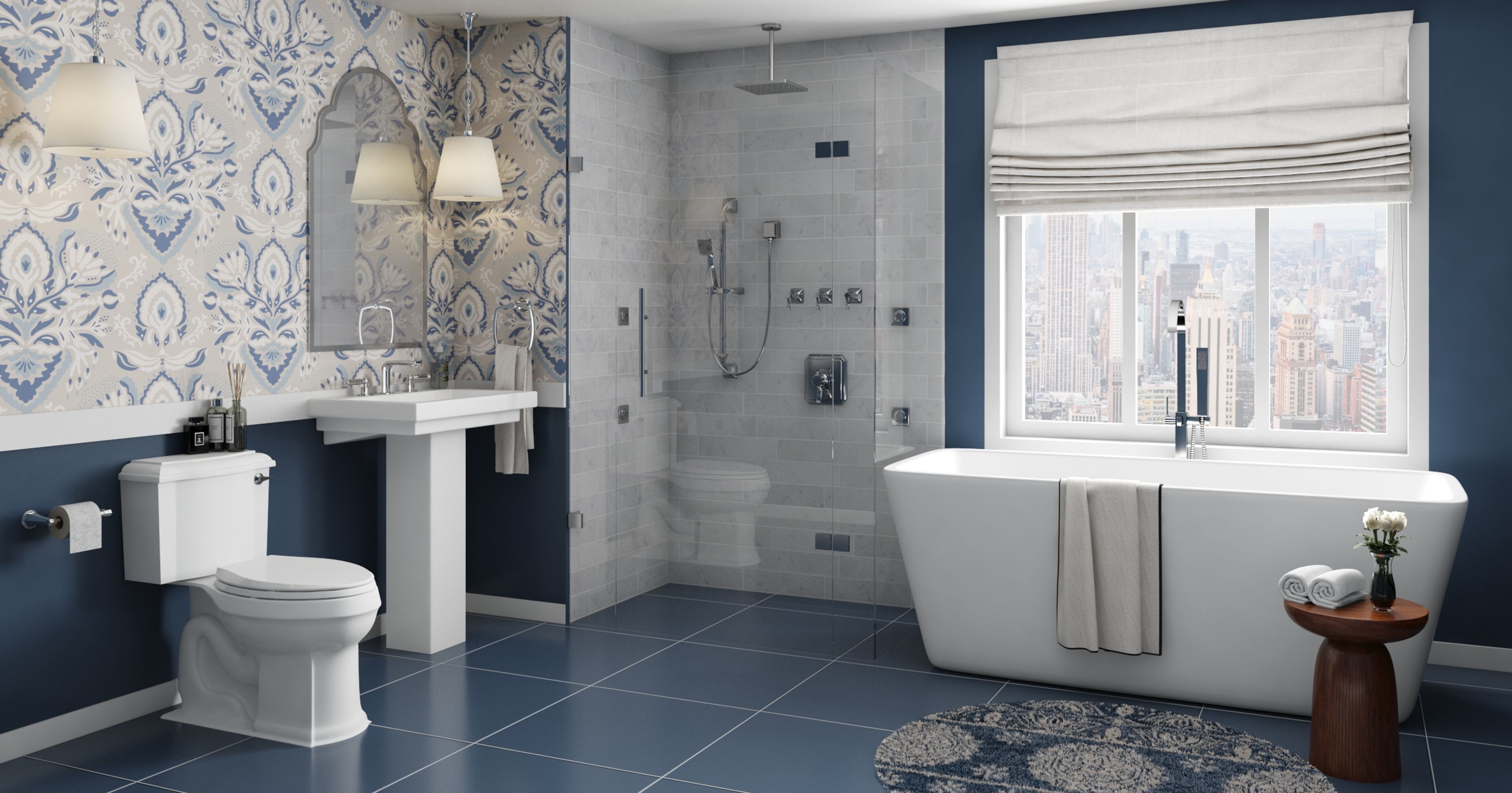 Spacious Contemporay Bathroom With Blue Floor And Wainscotting