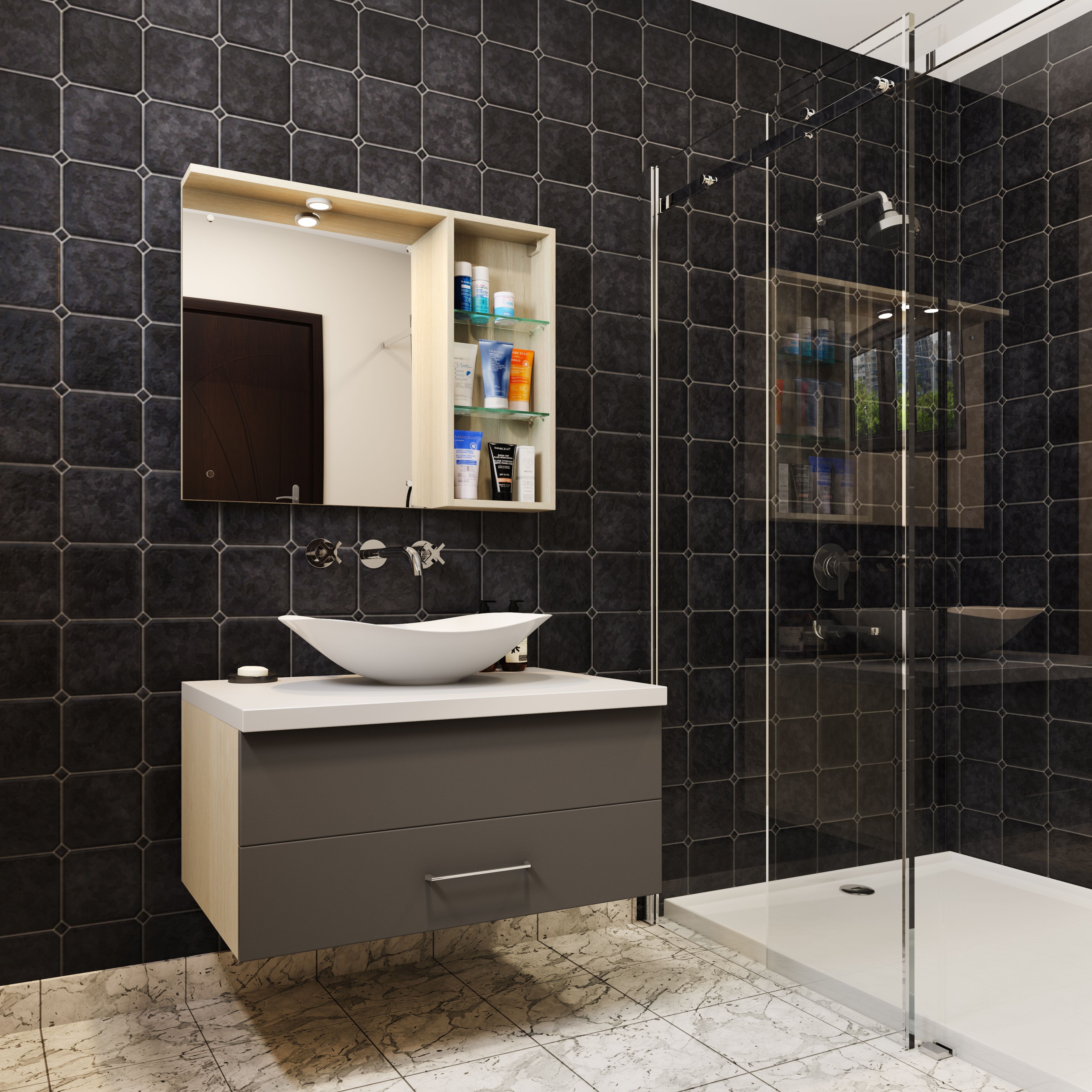 Small Contemporary Bathroom With Neutral Monochromatic Palette