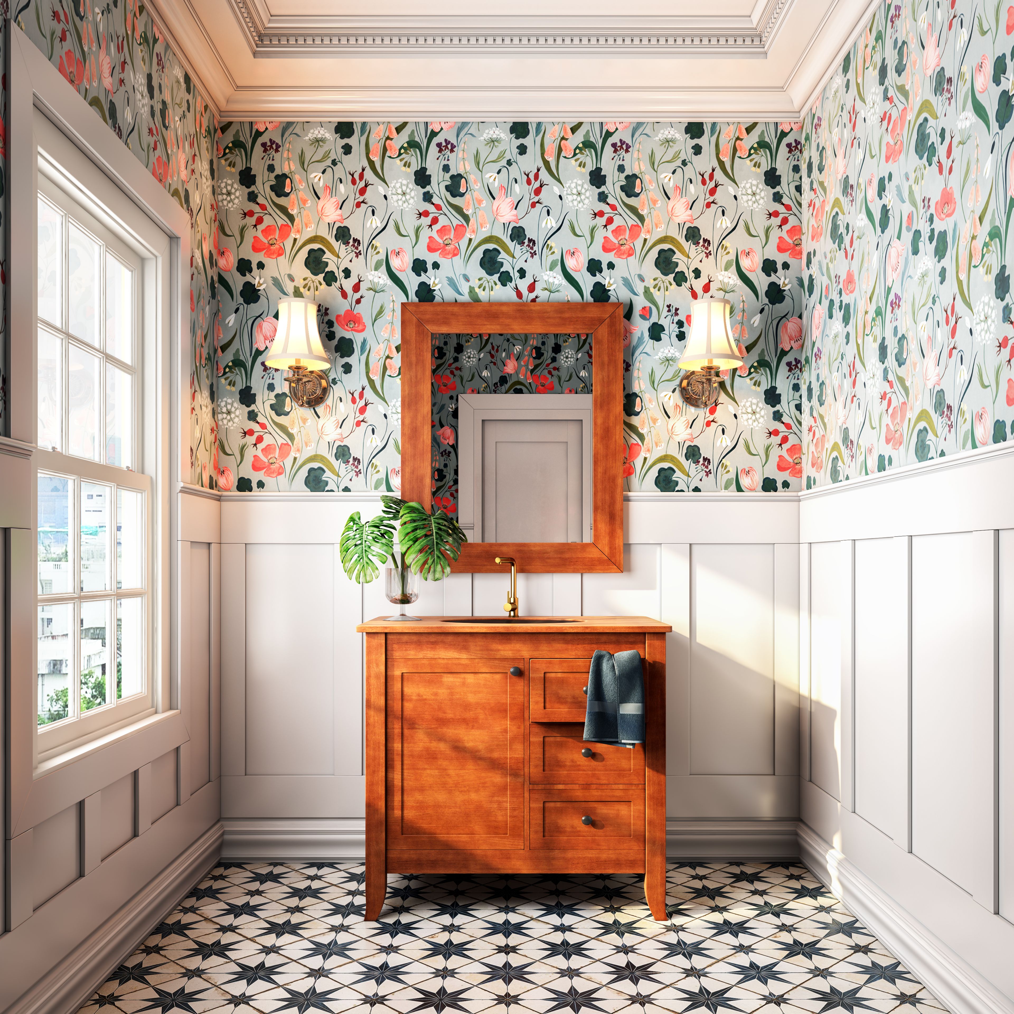Spacious Classic Bathroom With Rustic Furniture And Floral Wallpaper
