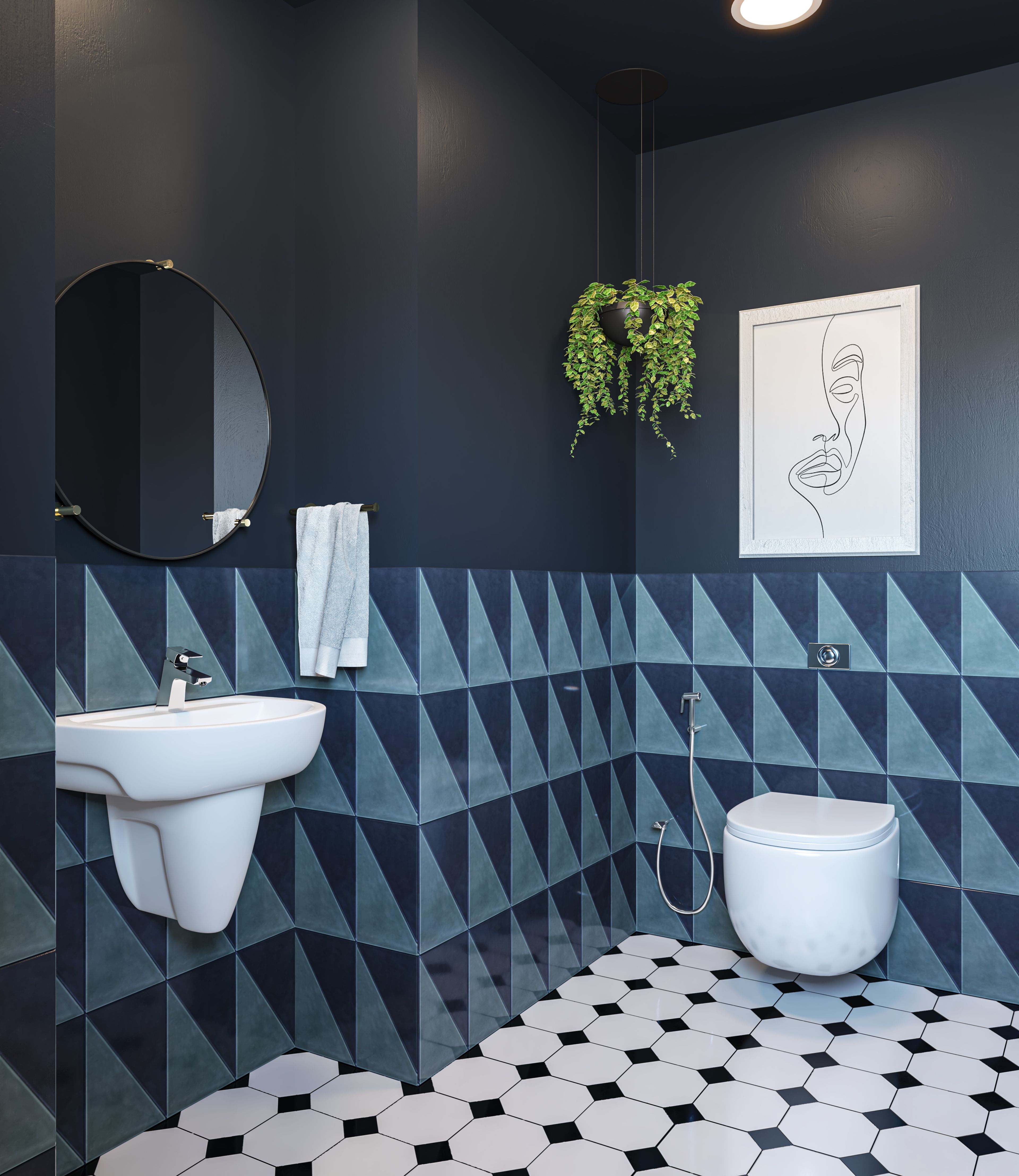 Small Classic Bathroom With Combination Wall Tiles In Blue