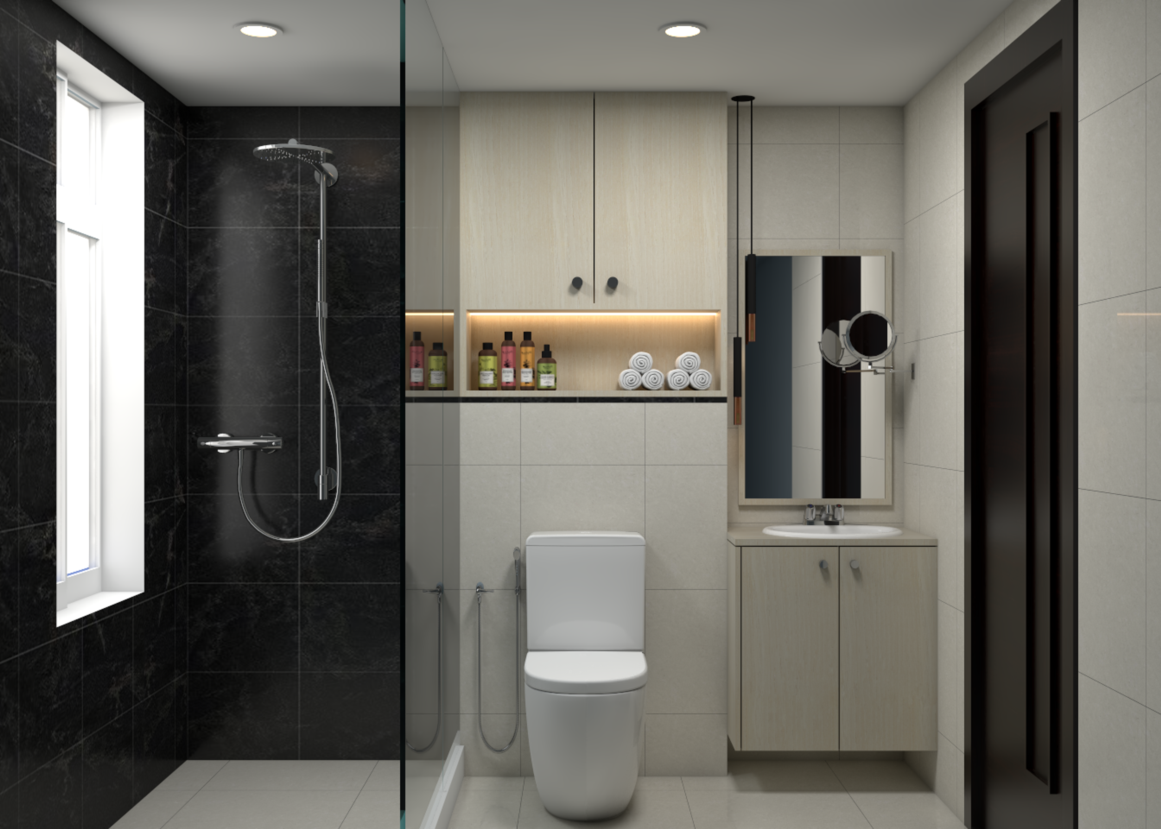 Small Modern Bathroom With Inbuilt Wall Niches And Cove Lighting