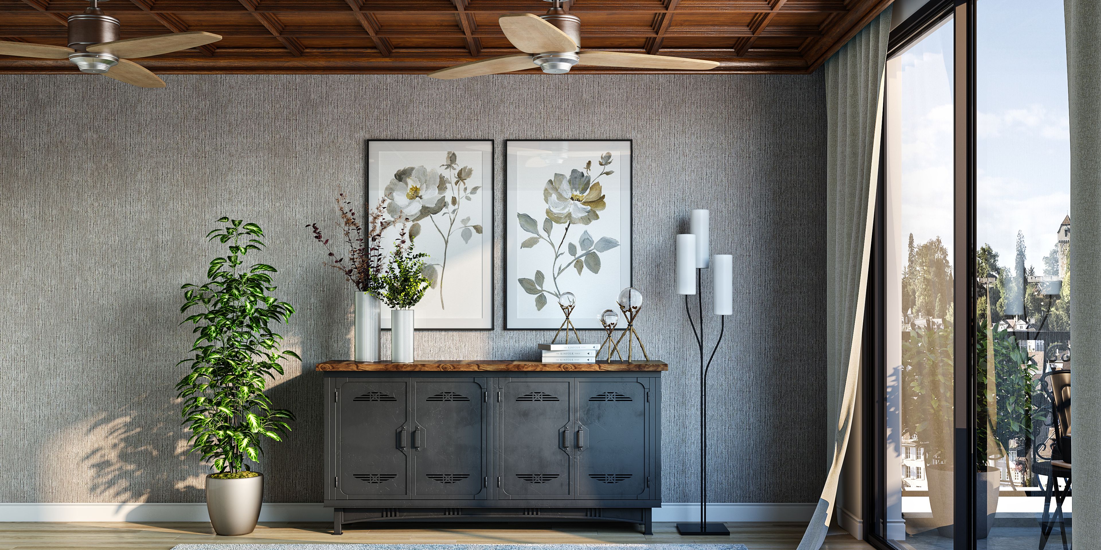 Contemporary Foyer With Rustic Palette And Wooden Ceiling