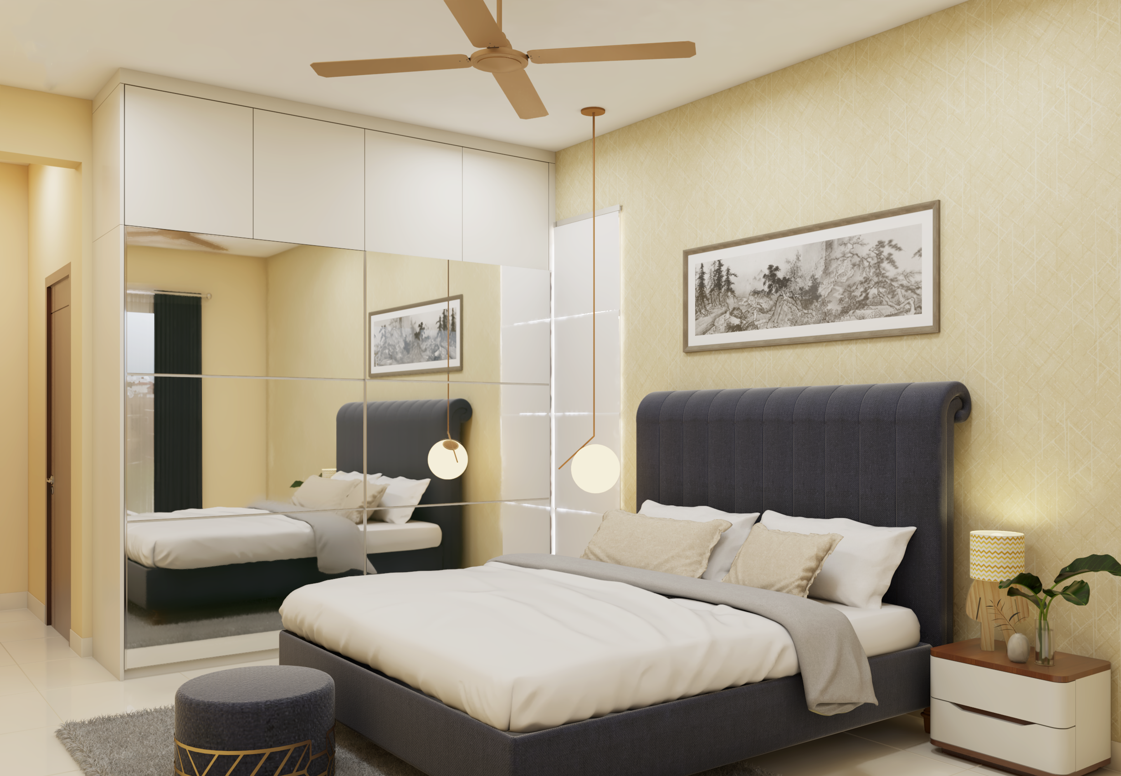 Modern Bedroom with Metallic Wallpaper