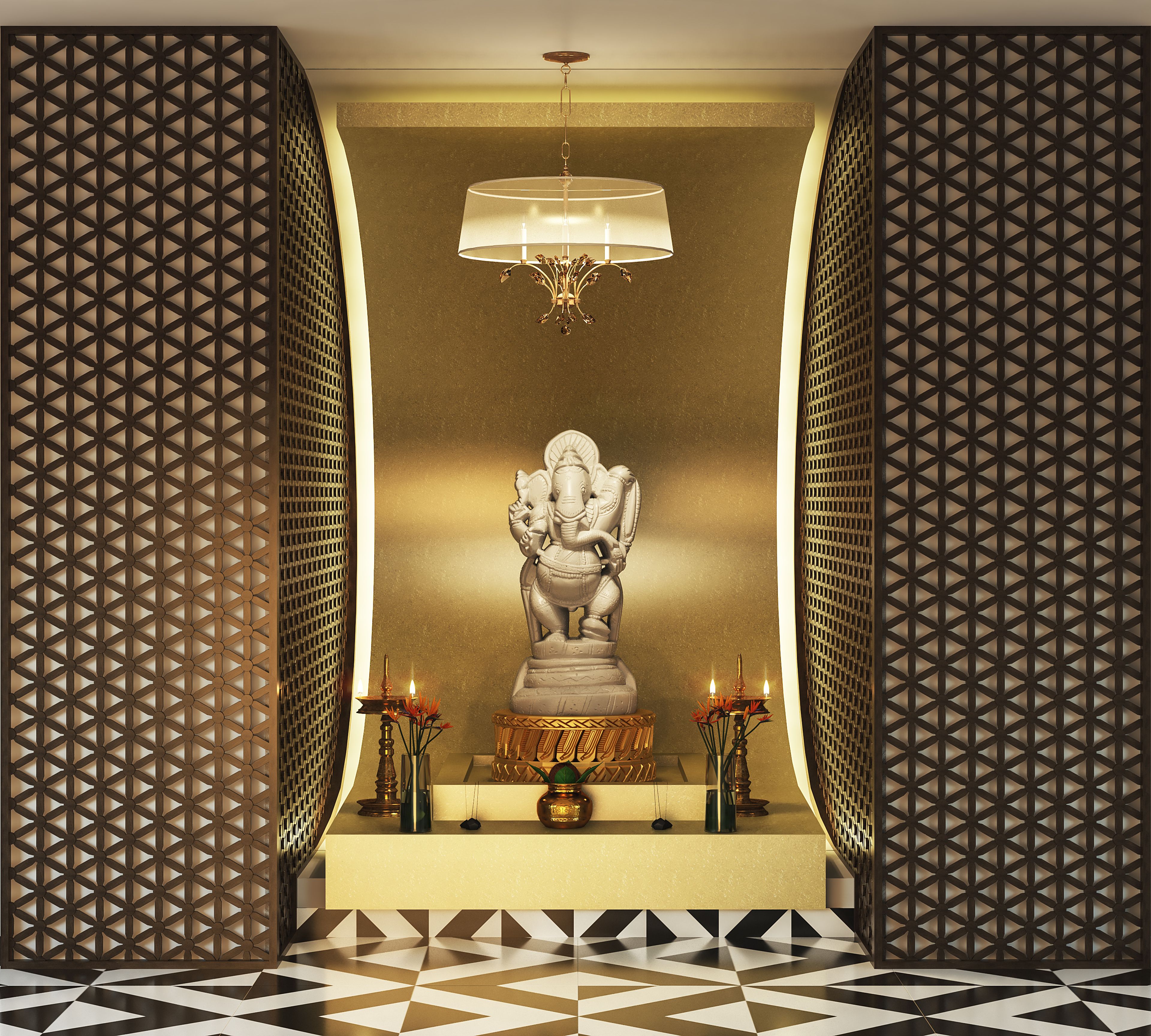 Simple Pooja Room With Geometric Jali