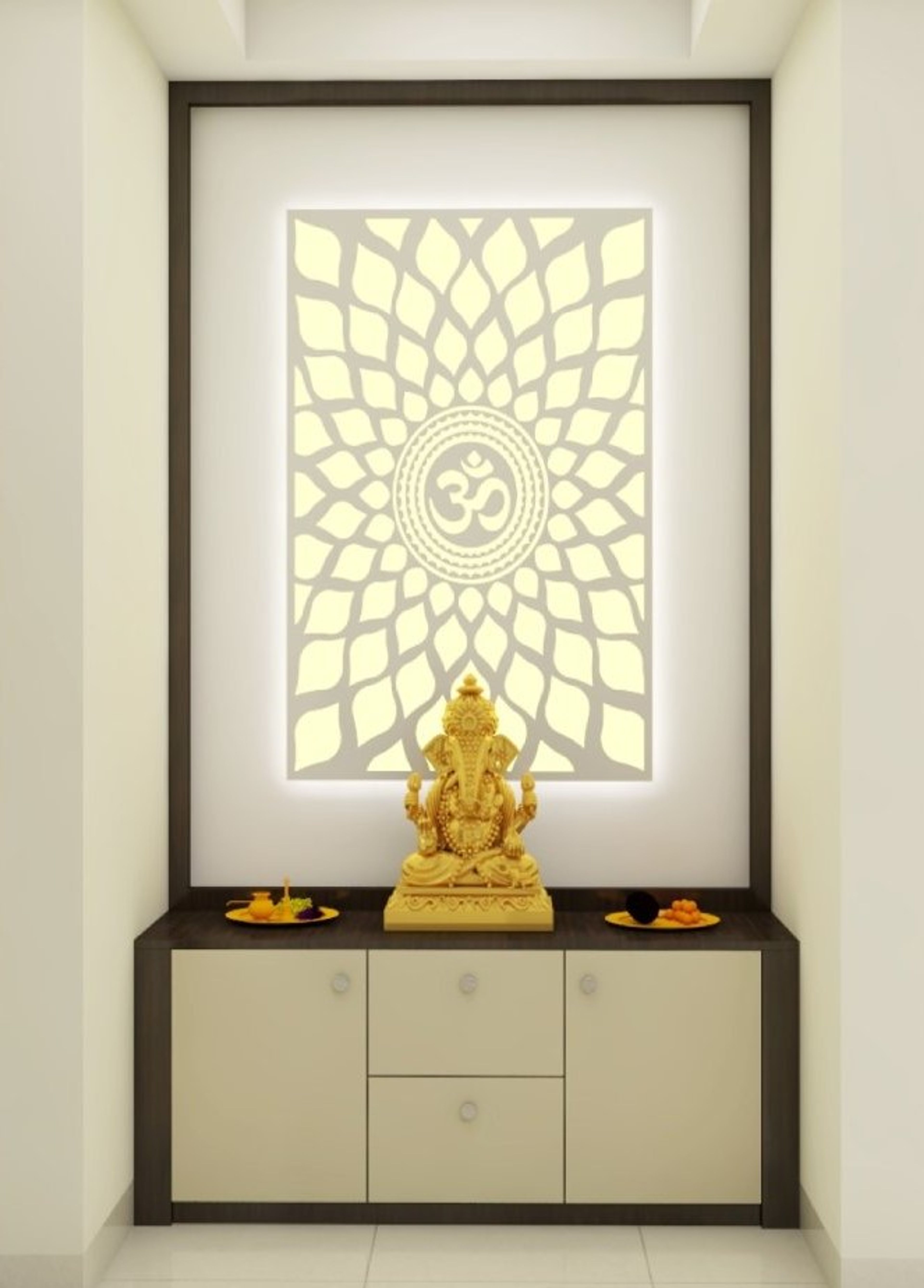 Simple Pooja Room With Backlit Jali Panel