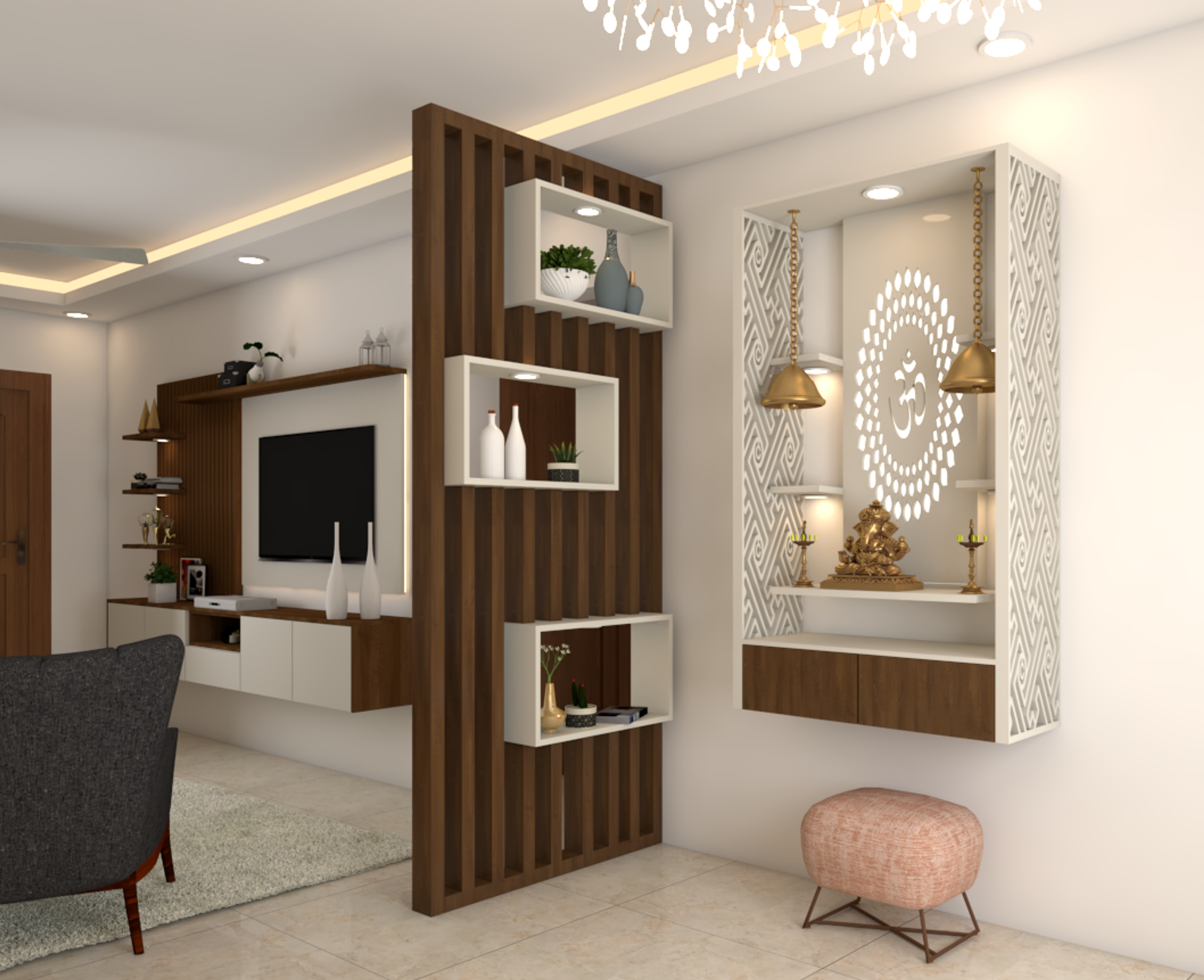 Traditional Pooja Room With White Jali