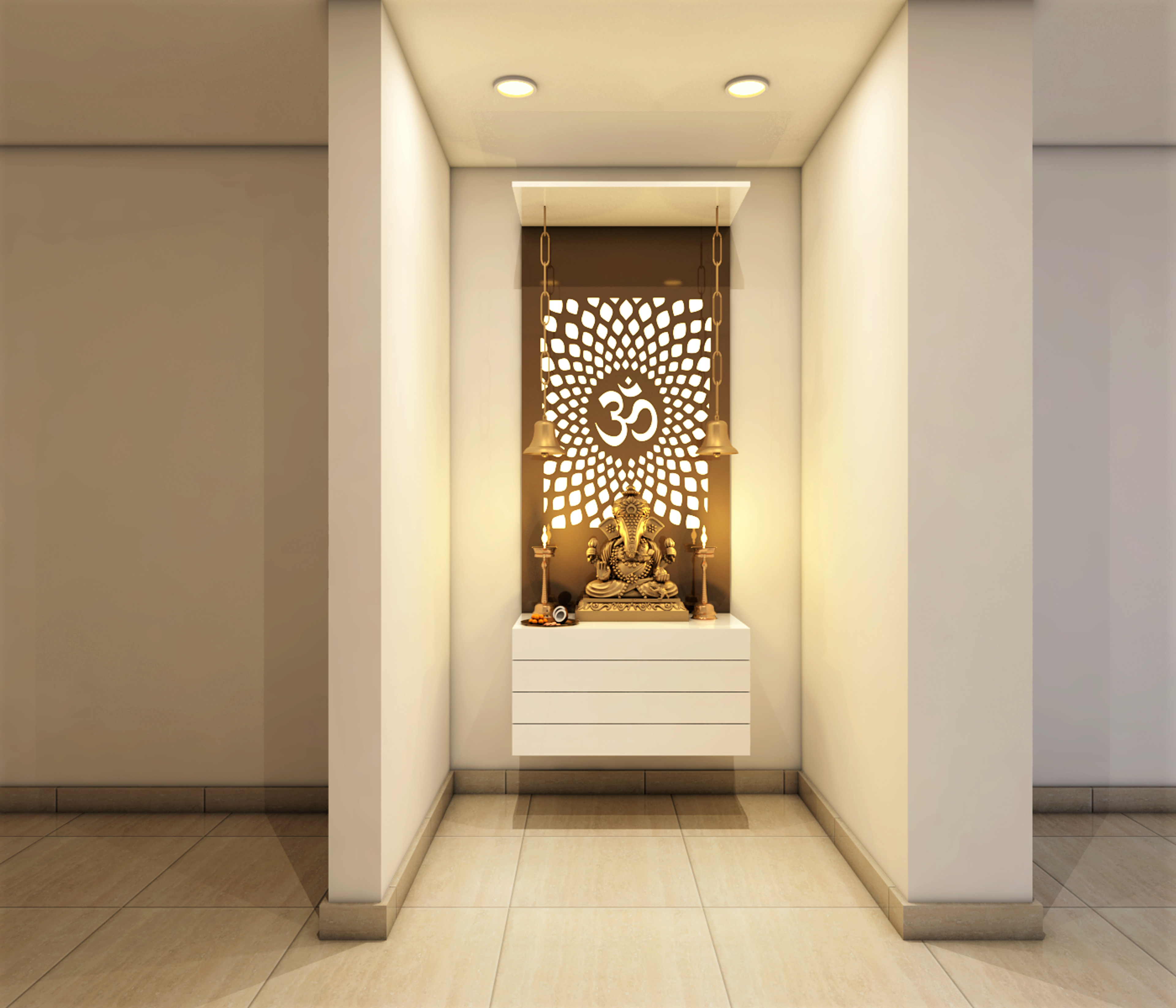 Simple Small Pooja Room With Brown Jali