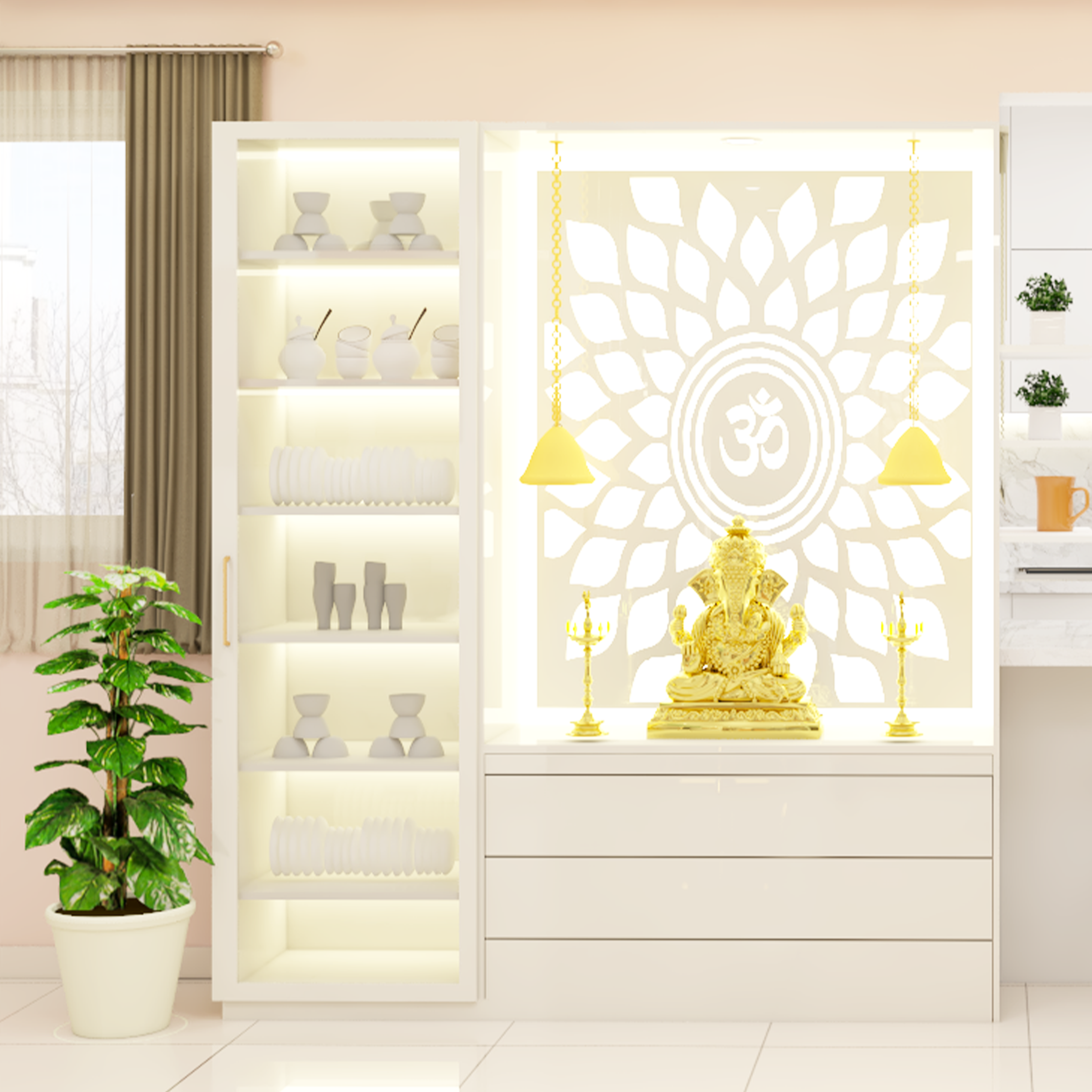 Modern Pooja Room With White Jali And Cove Lights