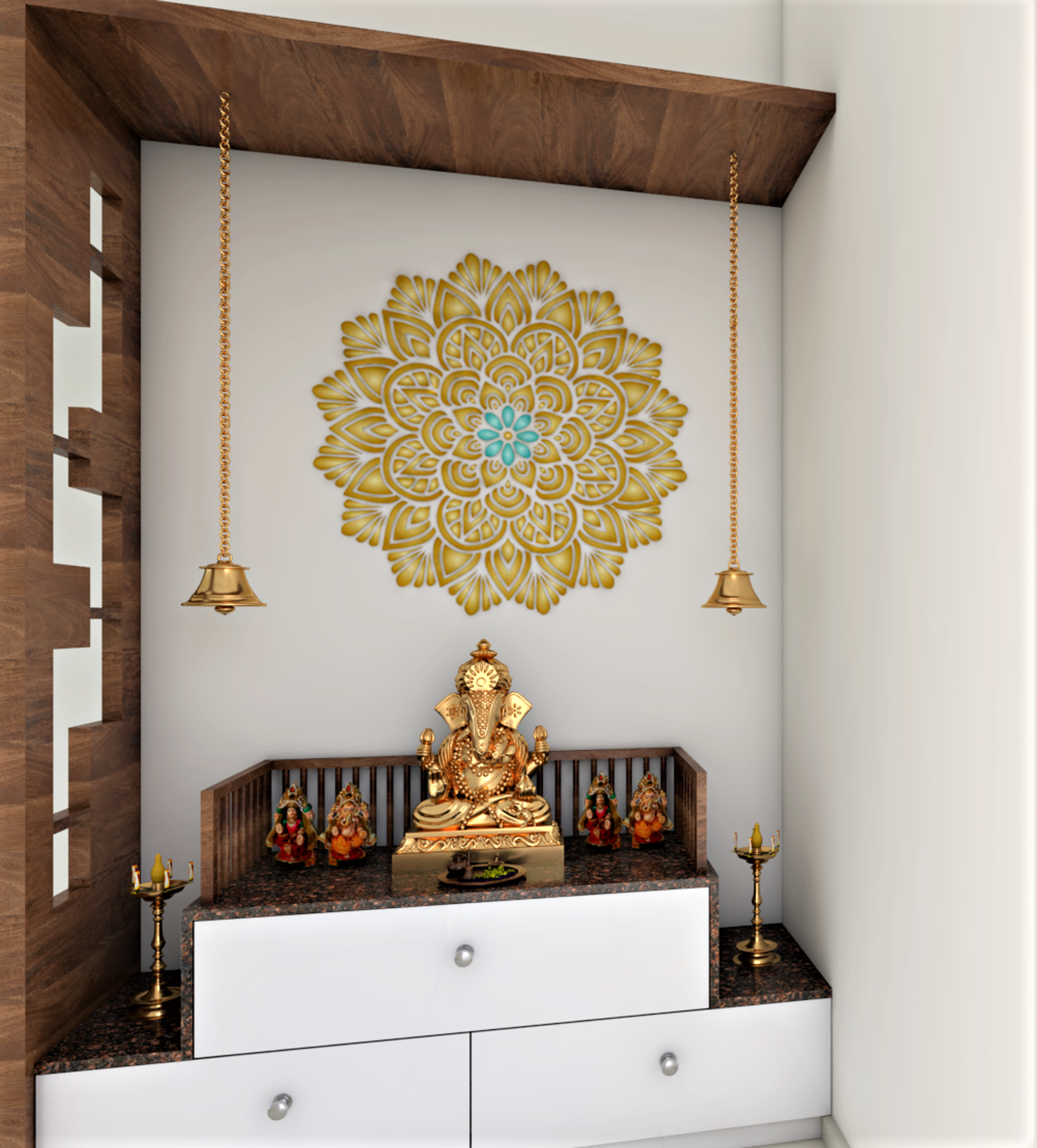 Modern Pooja Room With Wooden Panel