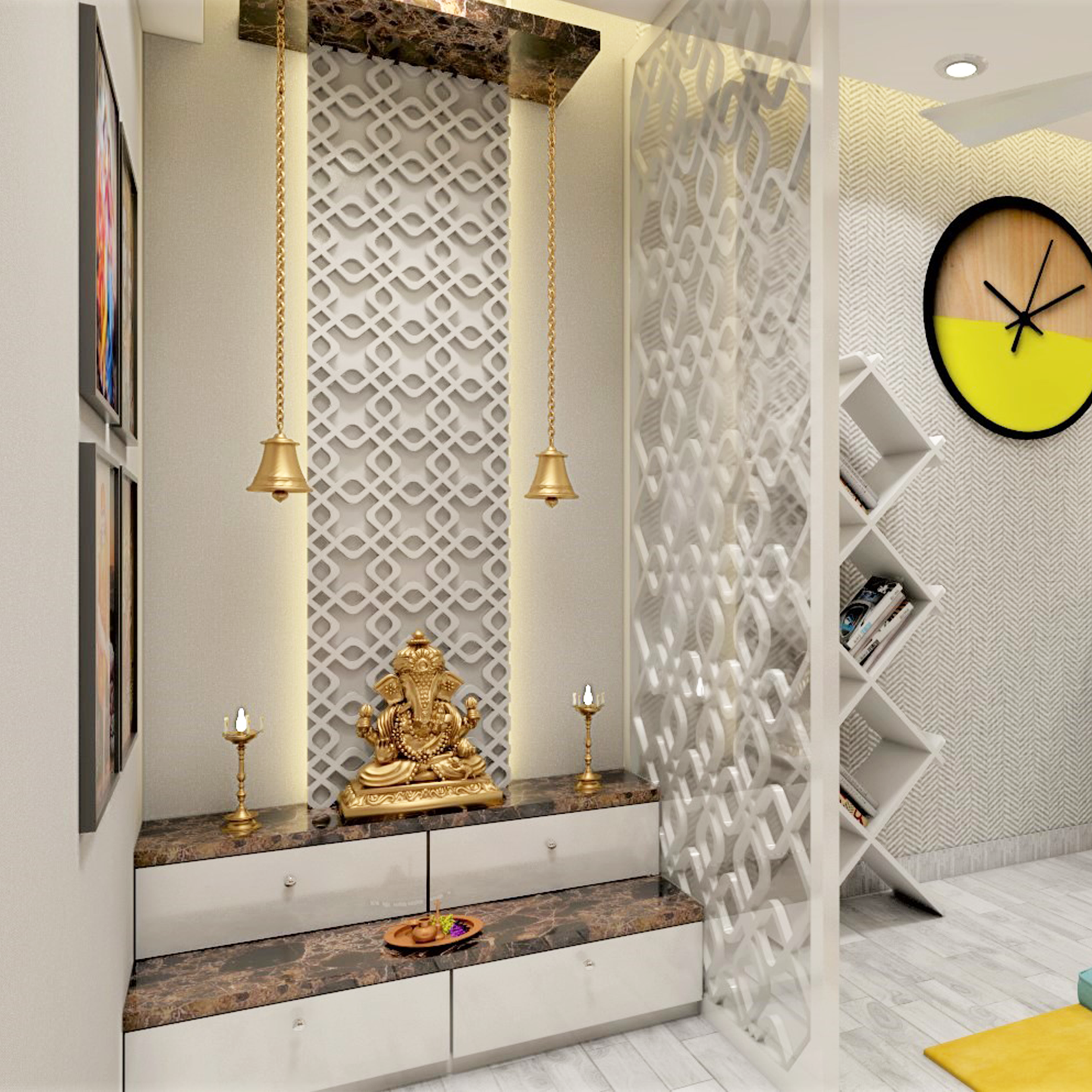 Small Pooja Room With Brass Drop Lamps