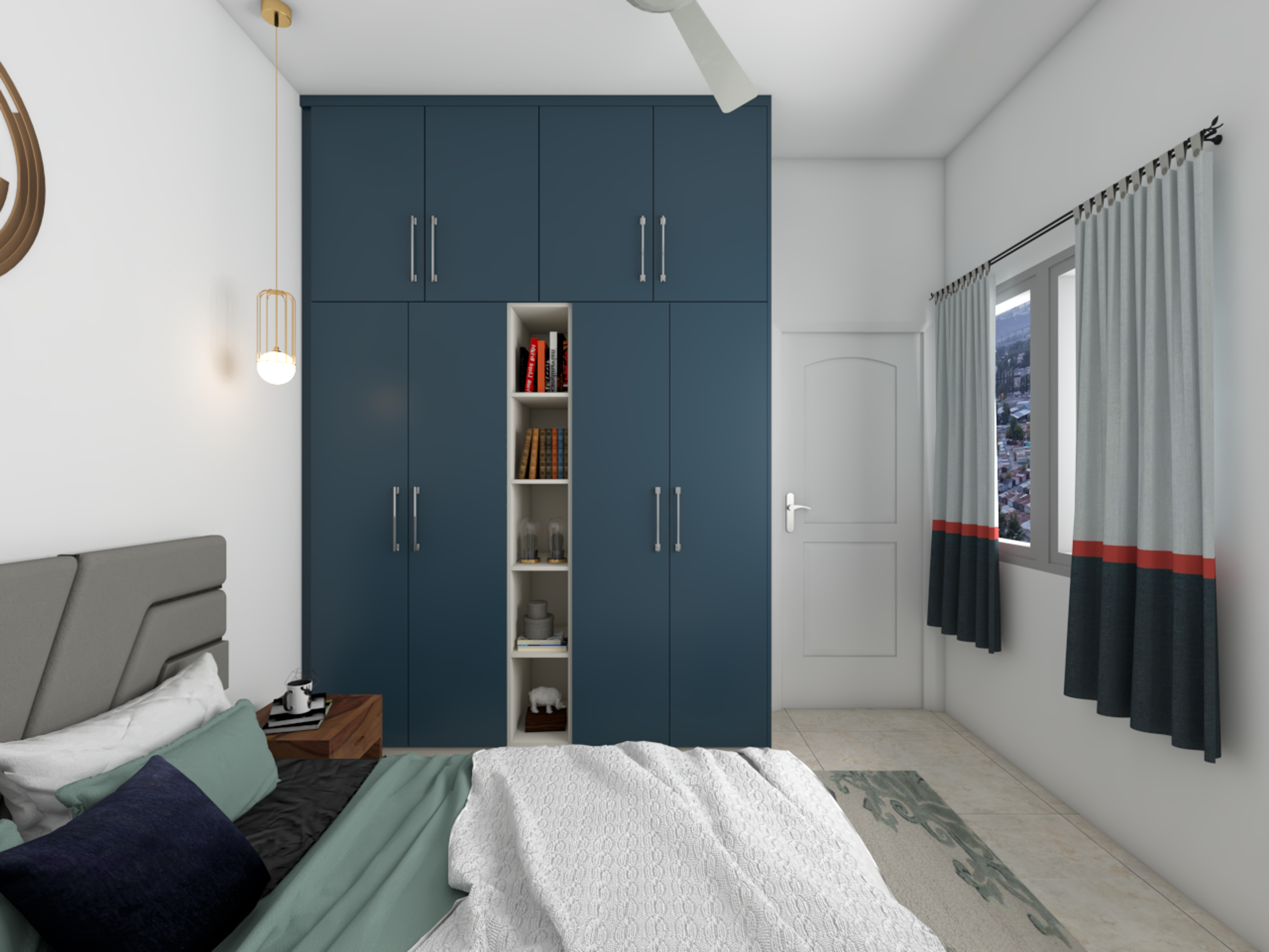 Matte Blue Wardrobe With Lofts And Storage Units