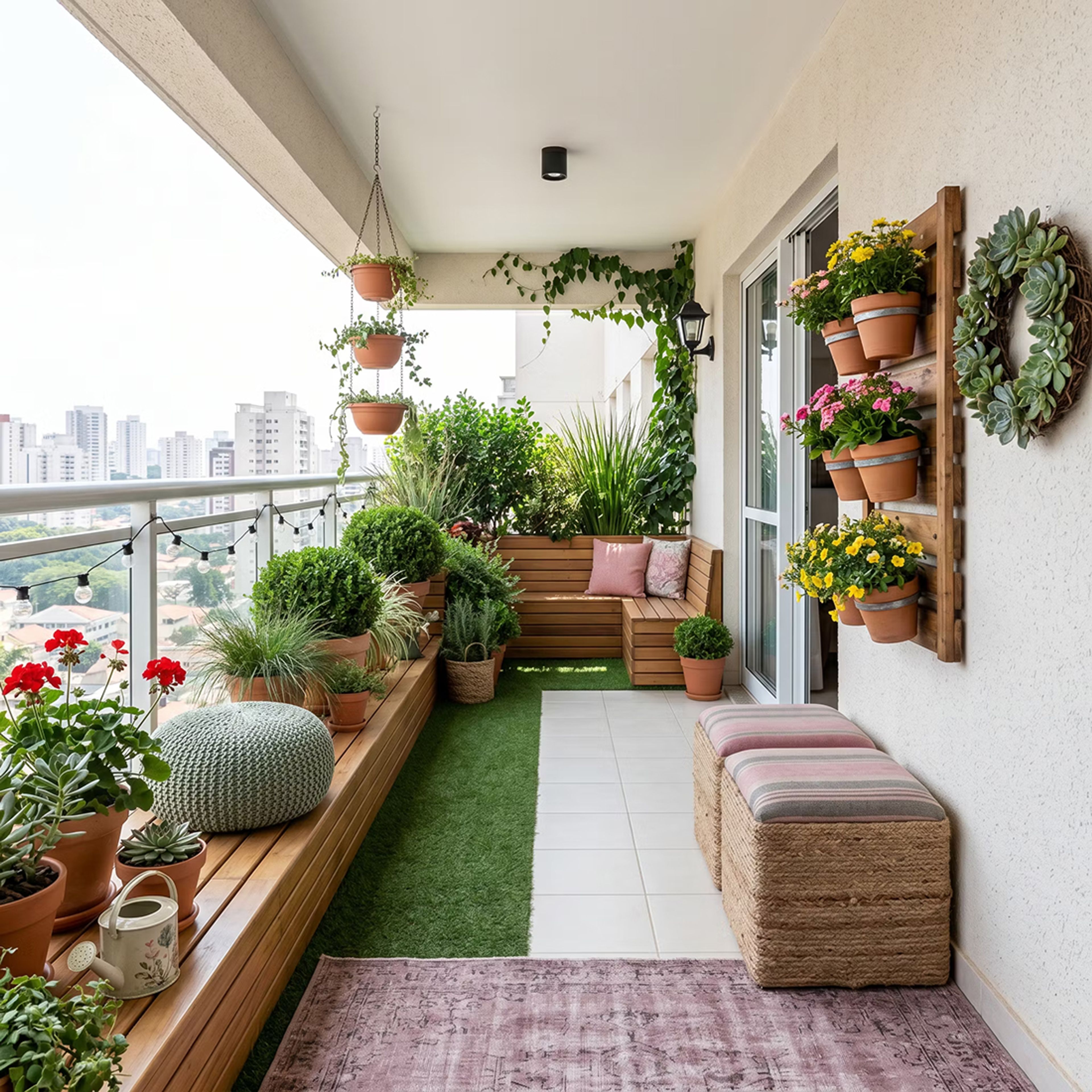 Tropical Balcony Design with Terracotta Planter Wall and Festoon String Lights