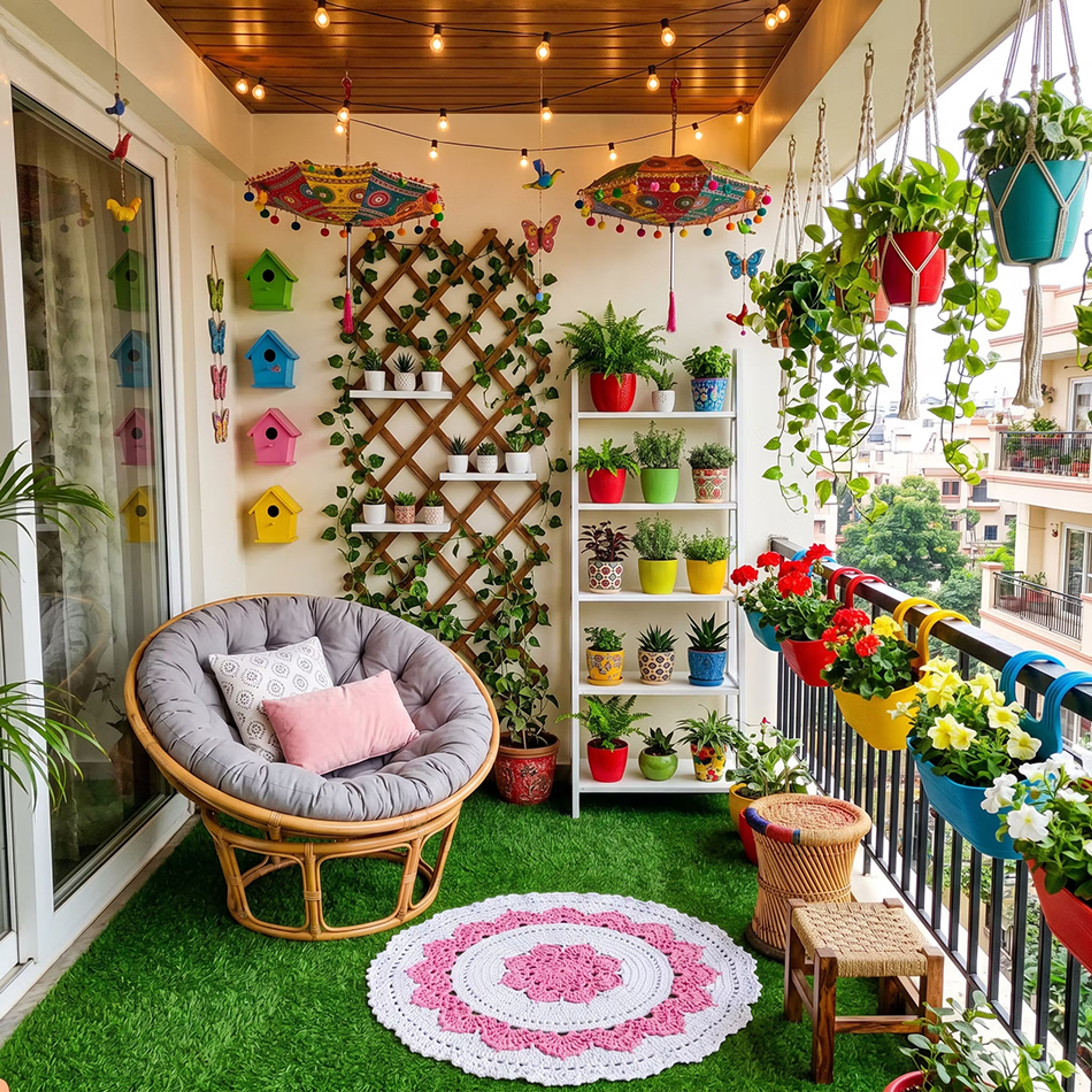 Bohemian Balcony Design with Papasan Chair and Decorative Umbrella Ceiling
