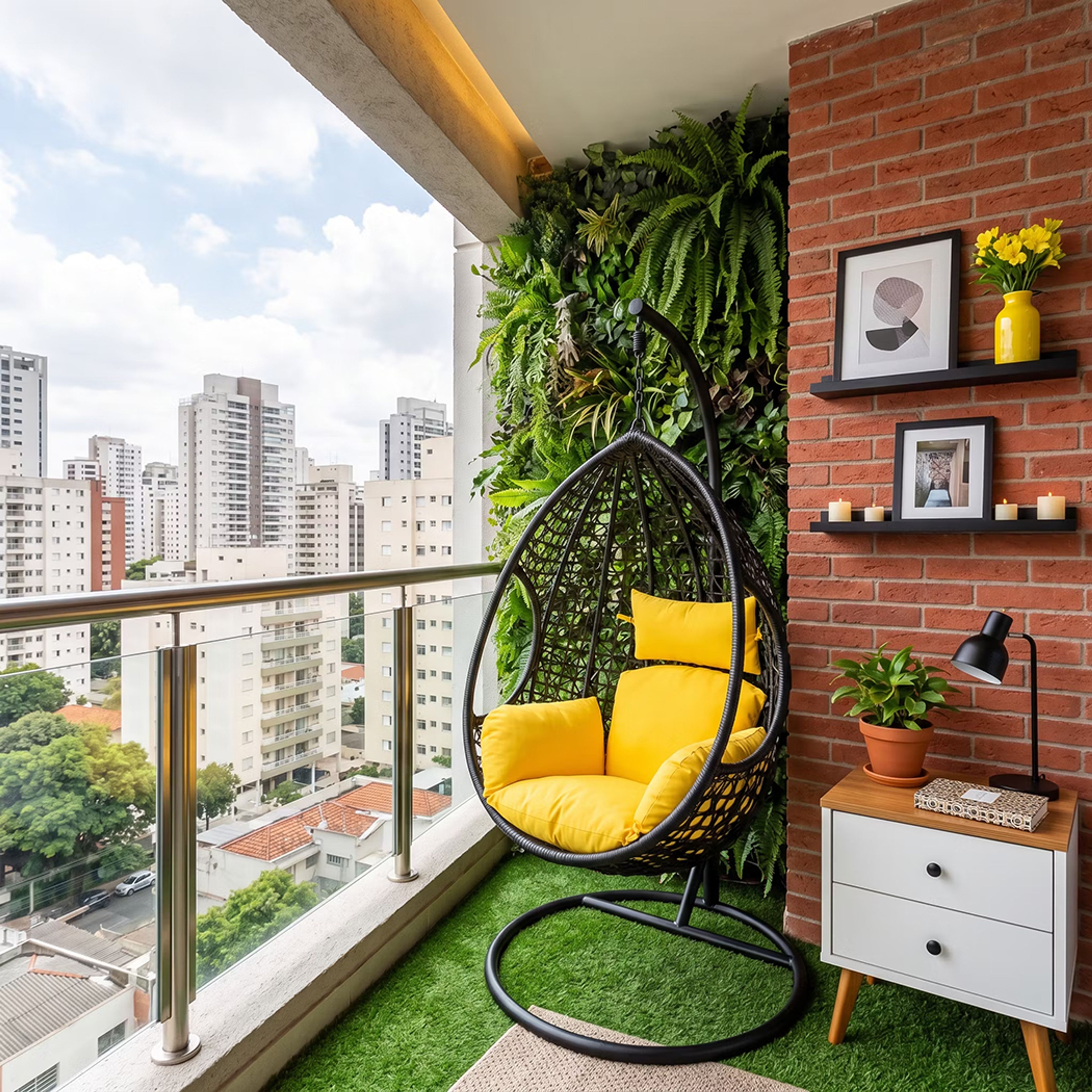 Industrial Balcony Design with Brick Accent Wall and Teardrop Swing Chair