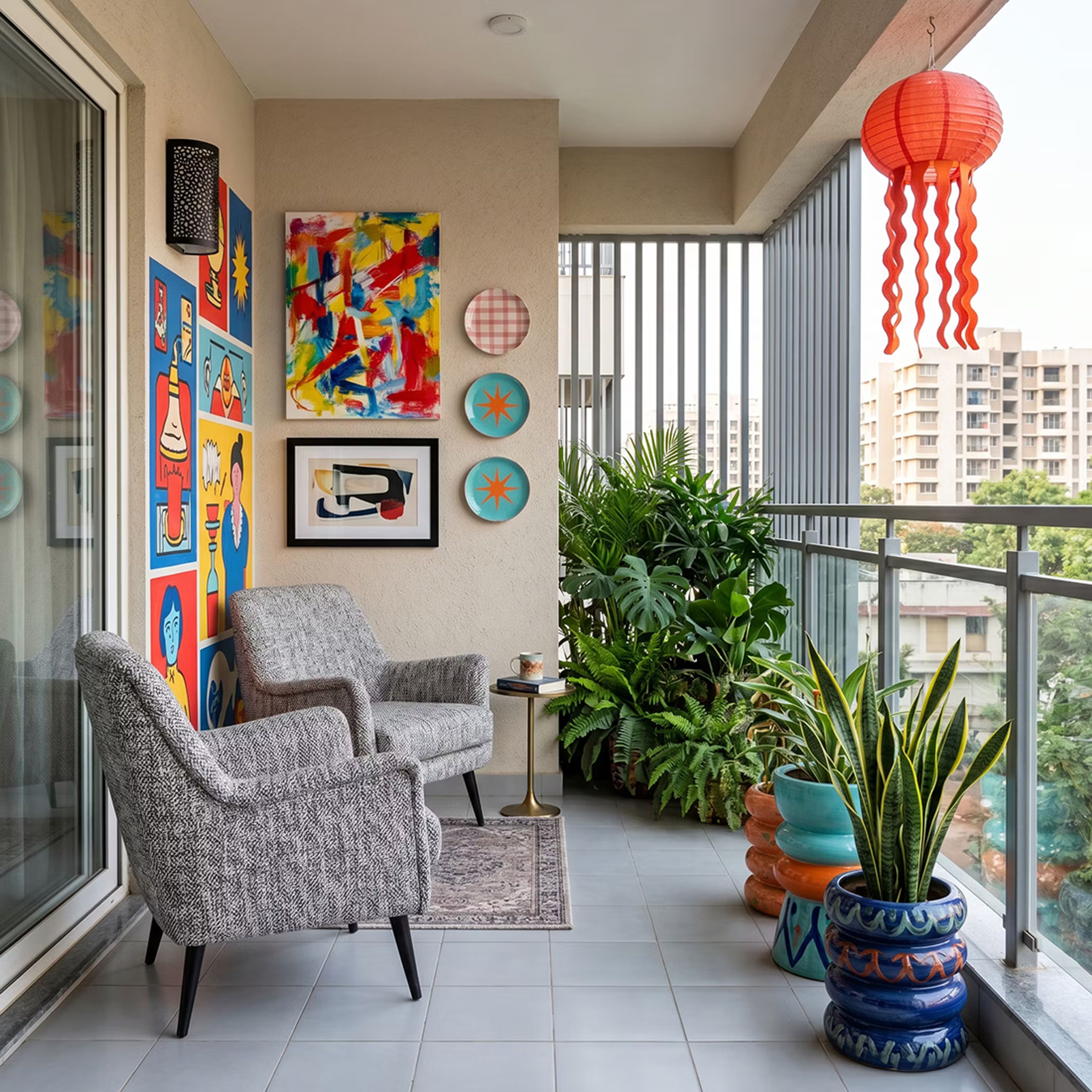 Eclectic Balcony Design with Abstract Painting and Sculptural Ceramic Snake Planters