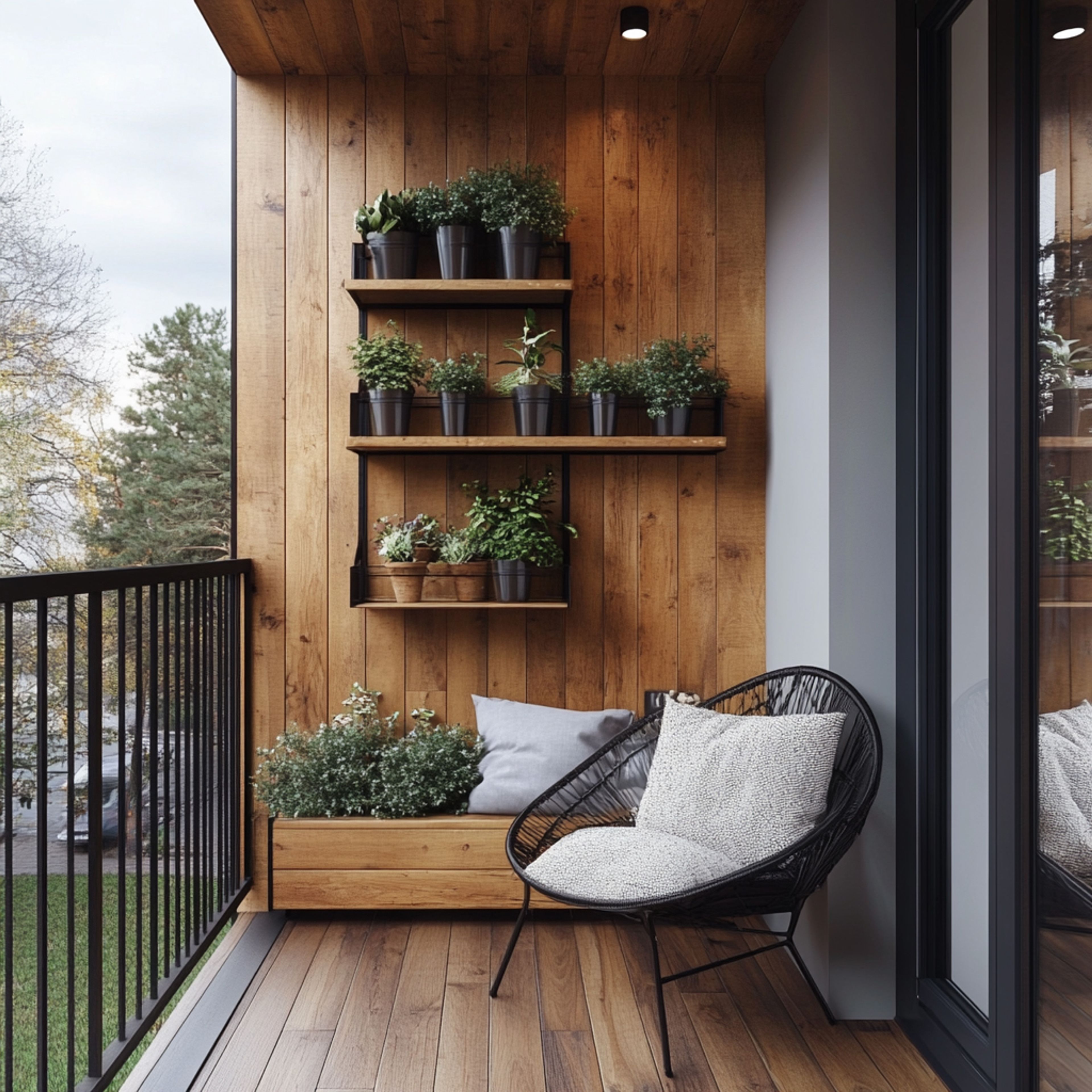 Balcony Design With Wire Chair and Wooden Planters