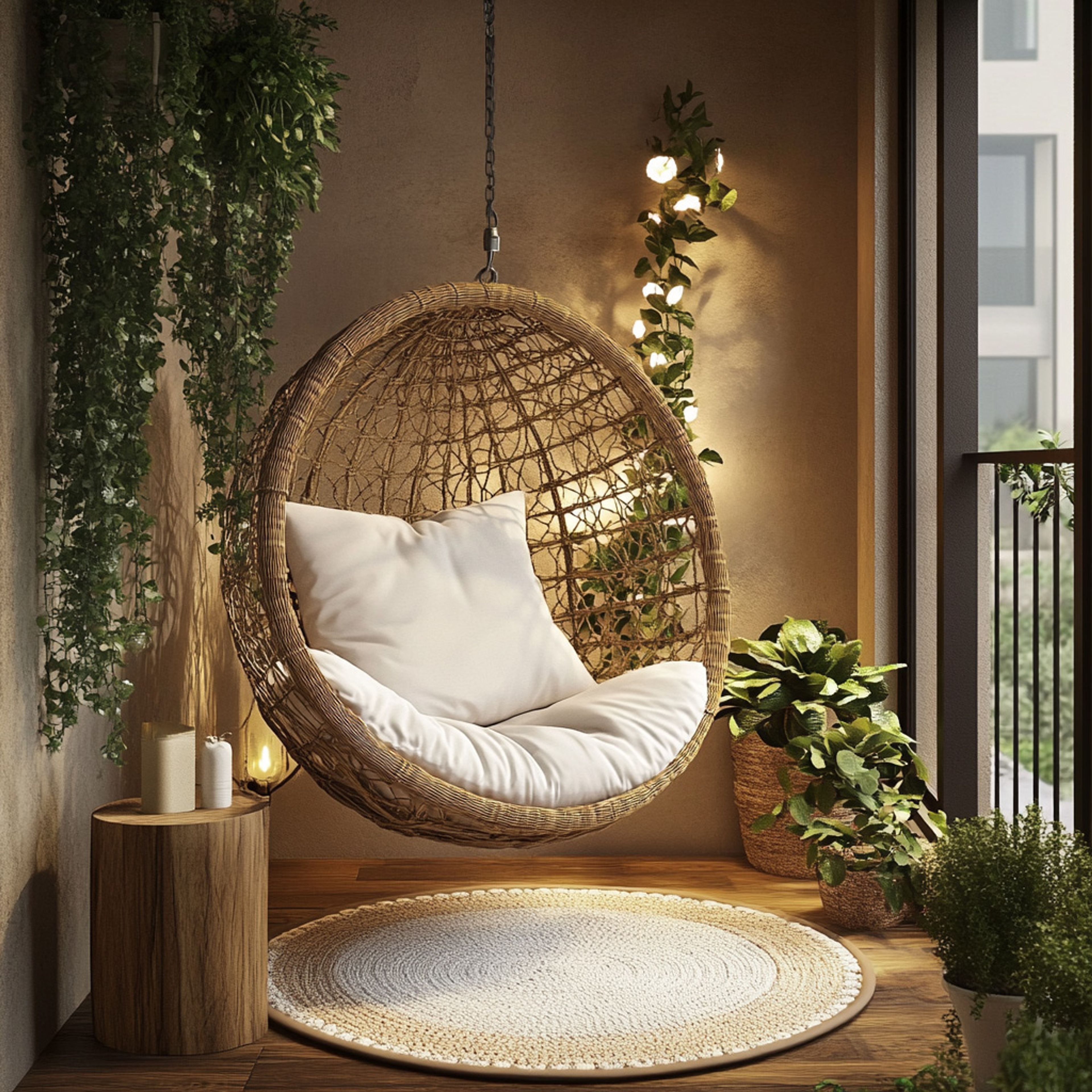 Balcony Design With Hanging Chair and Woven Rug