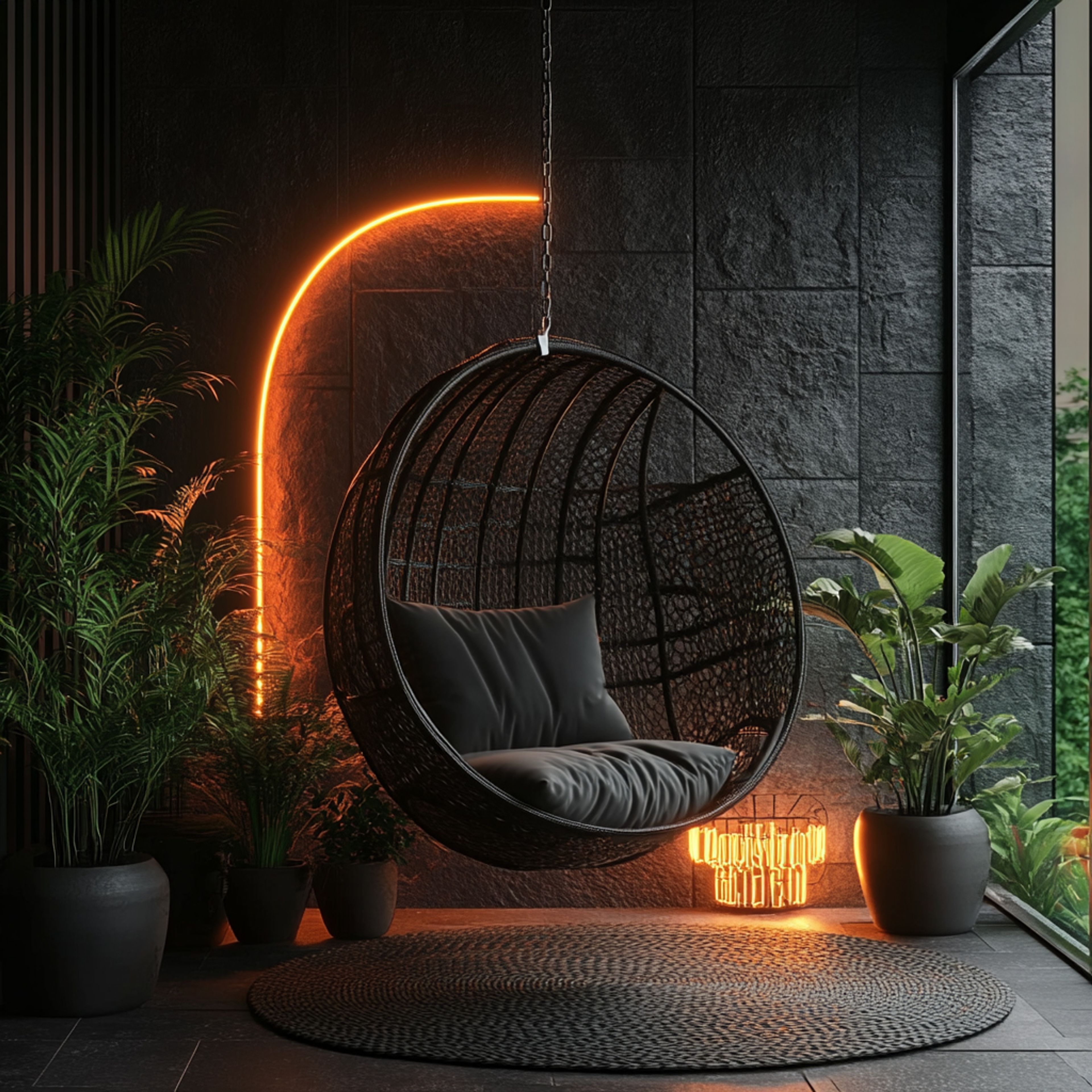 Balcony Design with Textured Stone Wall and Hanging Egg Chair