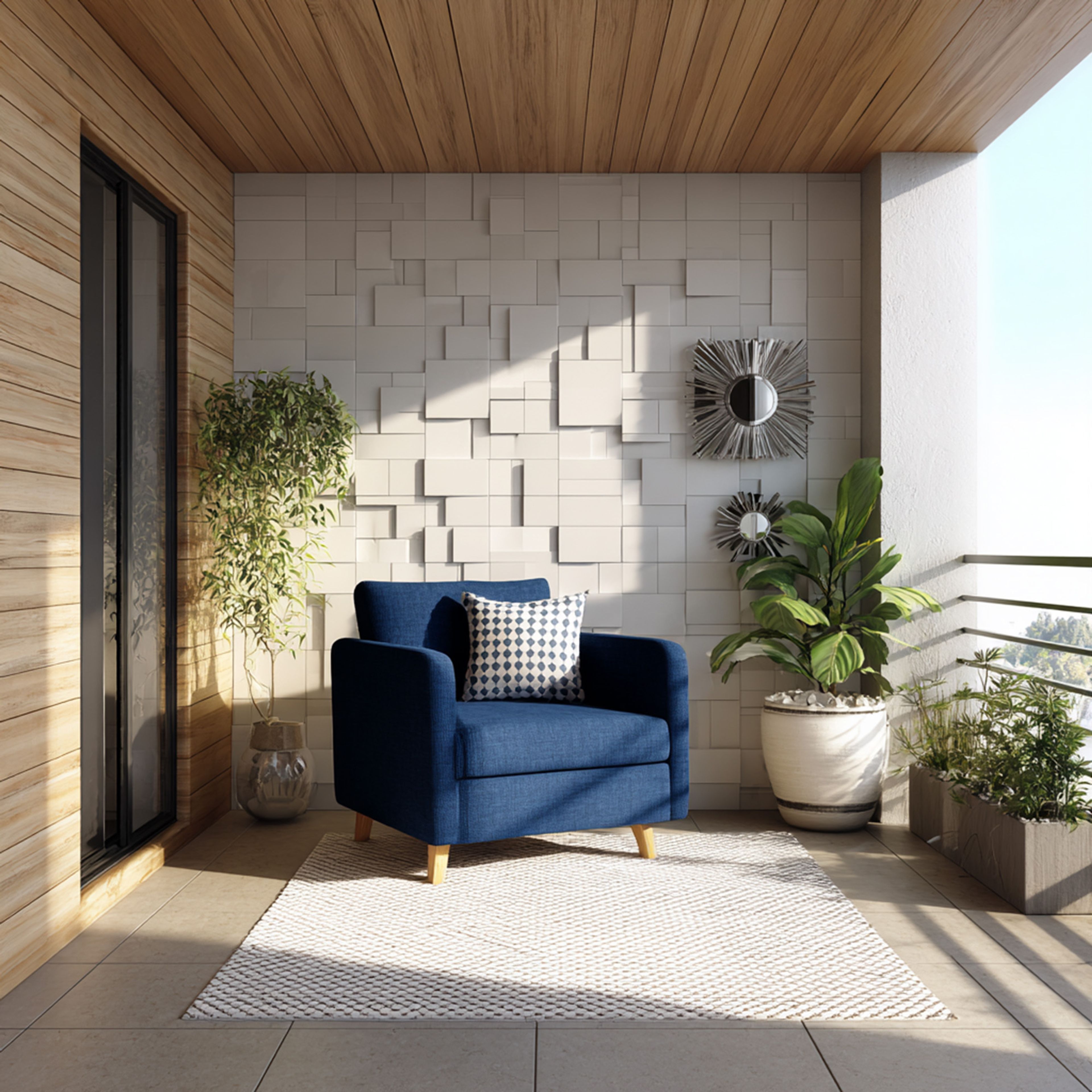 Balcony Design with 3D Concrete Wall and Wooden Ceiling