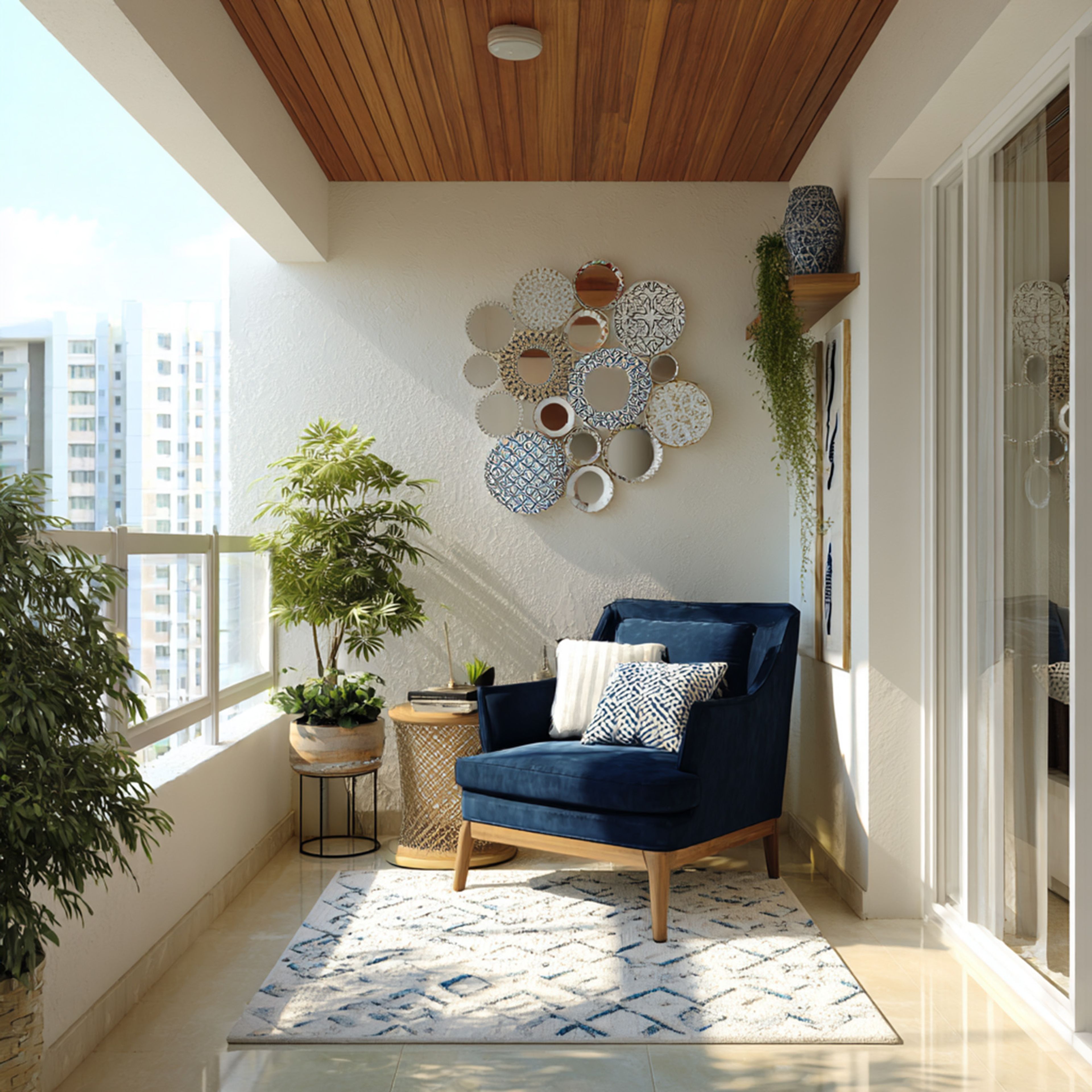 White Wall Balcony Design with Navy Chair and Floating Shelf