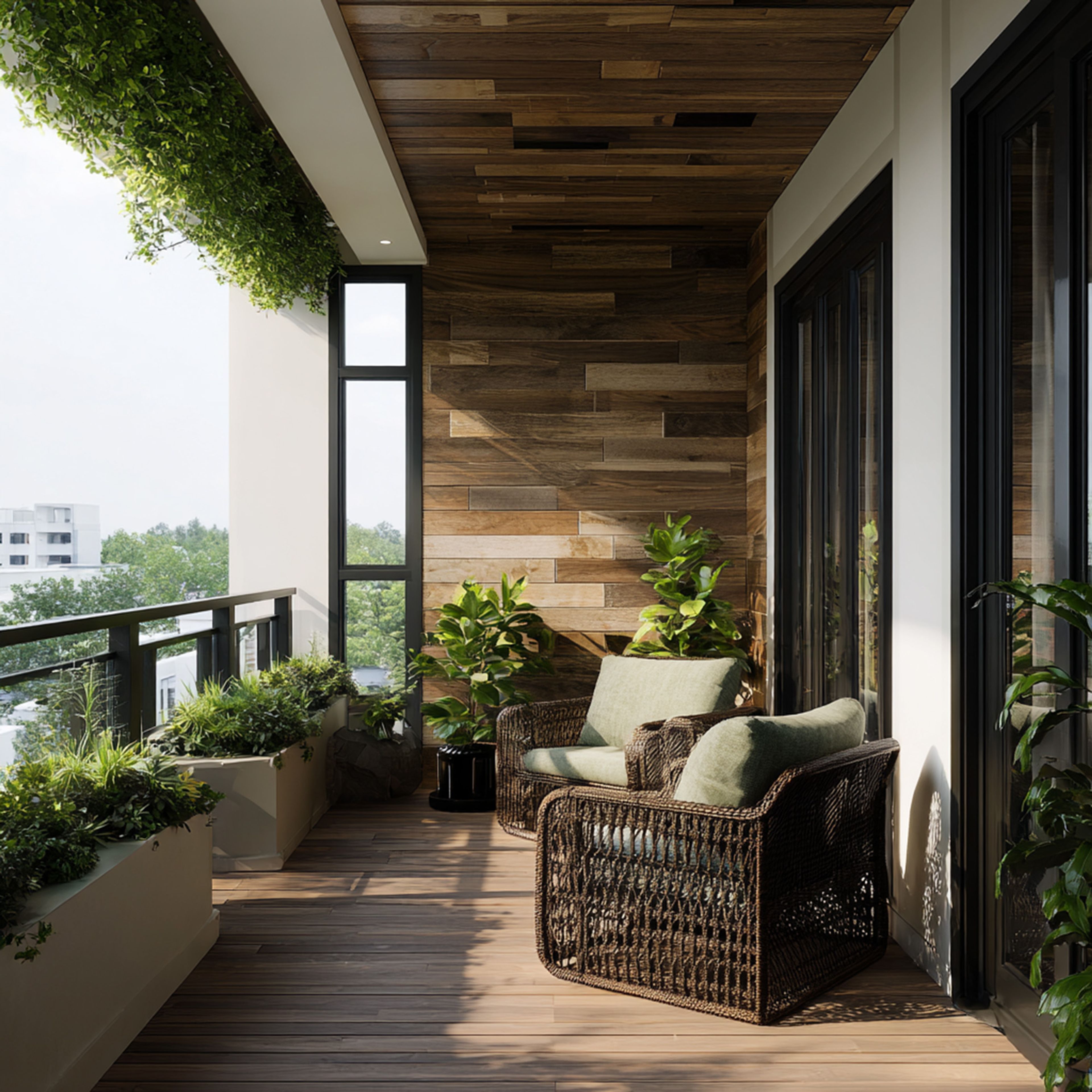 Balcony Design with Wood Cladding and Rattan Lounge Chairs