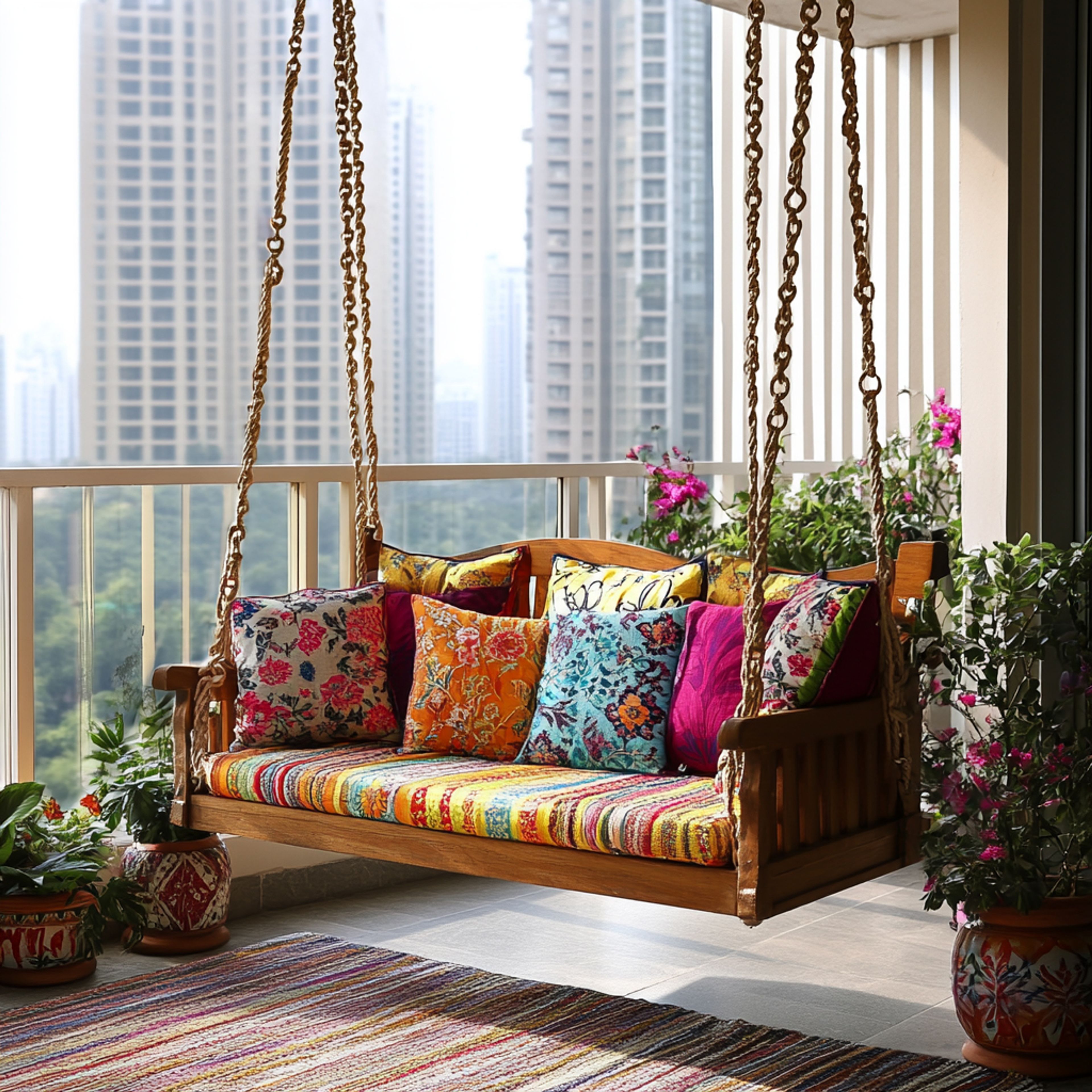 Balcony Design with Swing and Patterned Pillows