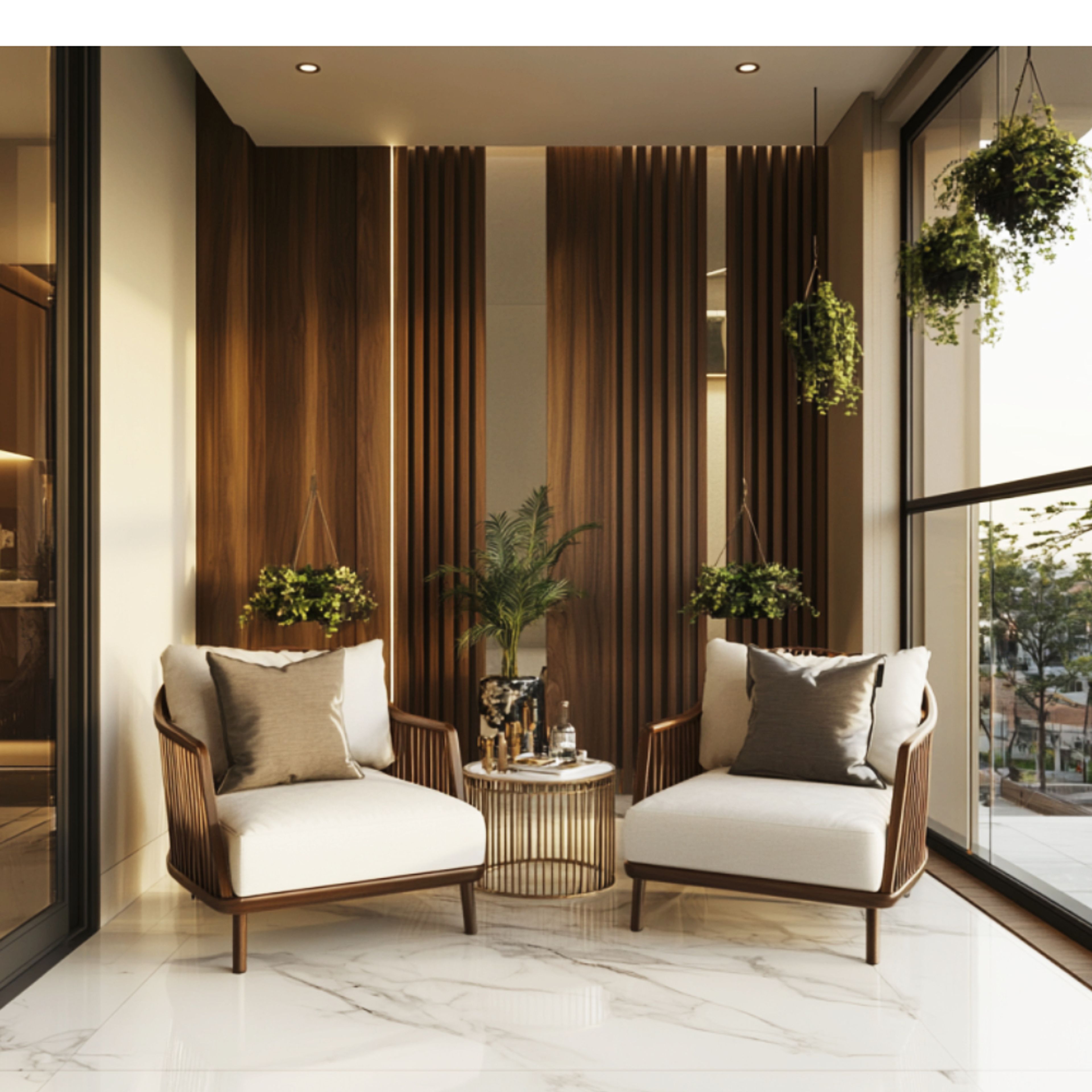 Balcony Design with Wood Panels and Marble Tiles