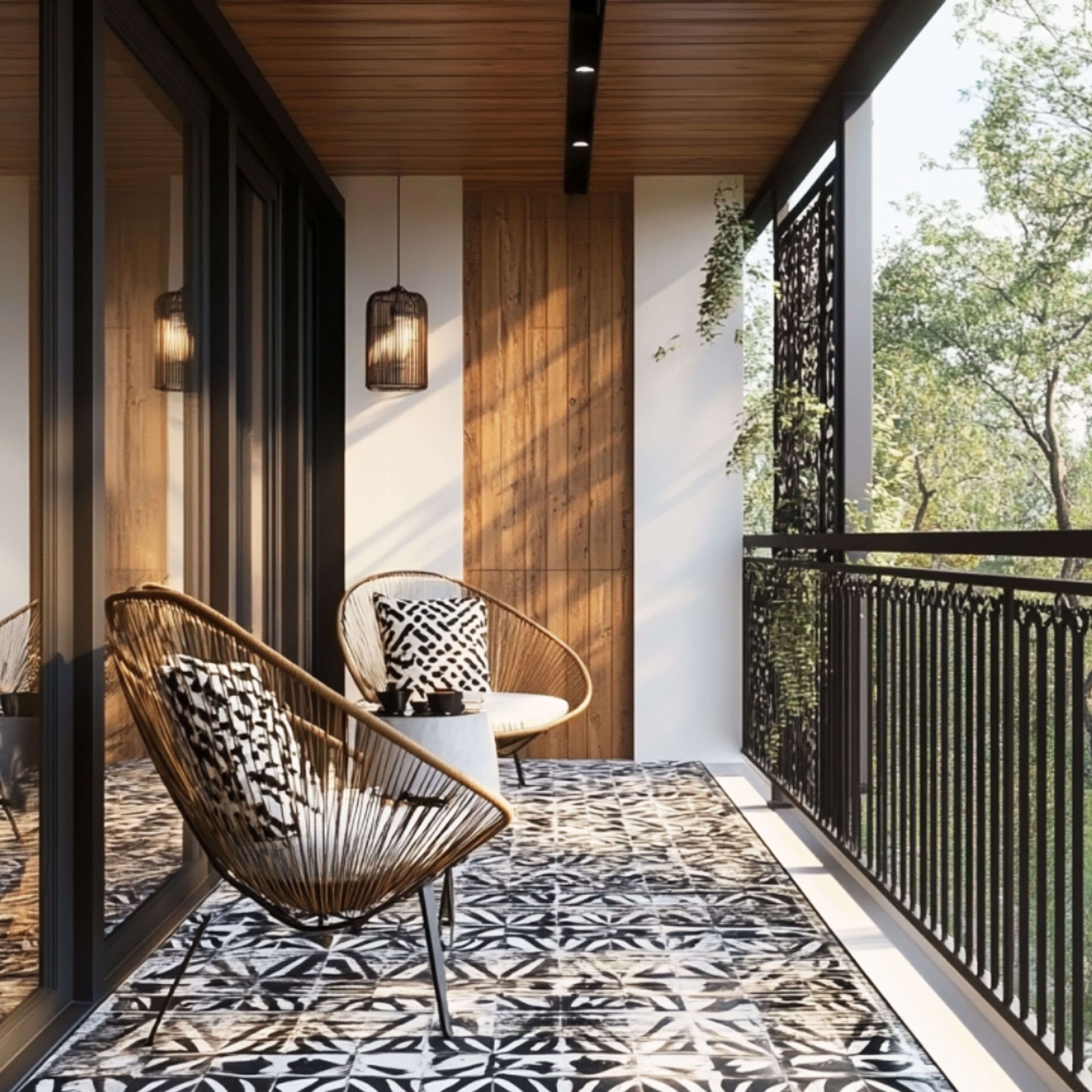 Balcony Design with Wood Panels and Rattan Chairs
