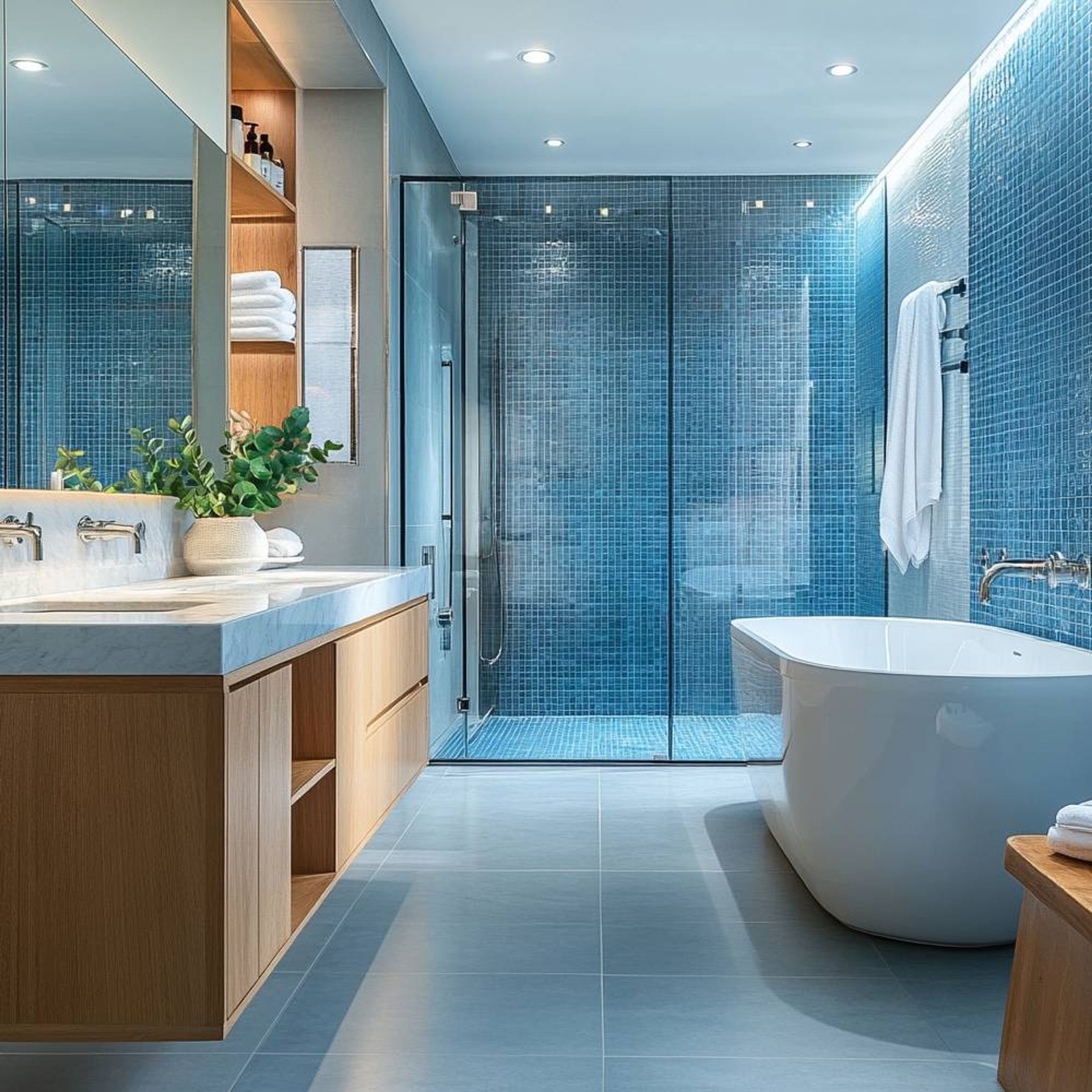 Blue Square Ceramic Bathroom Tiles Design With Mosaic Appeal