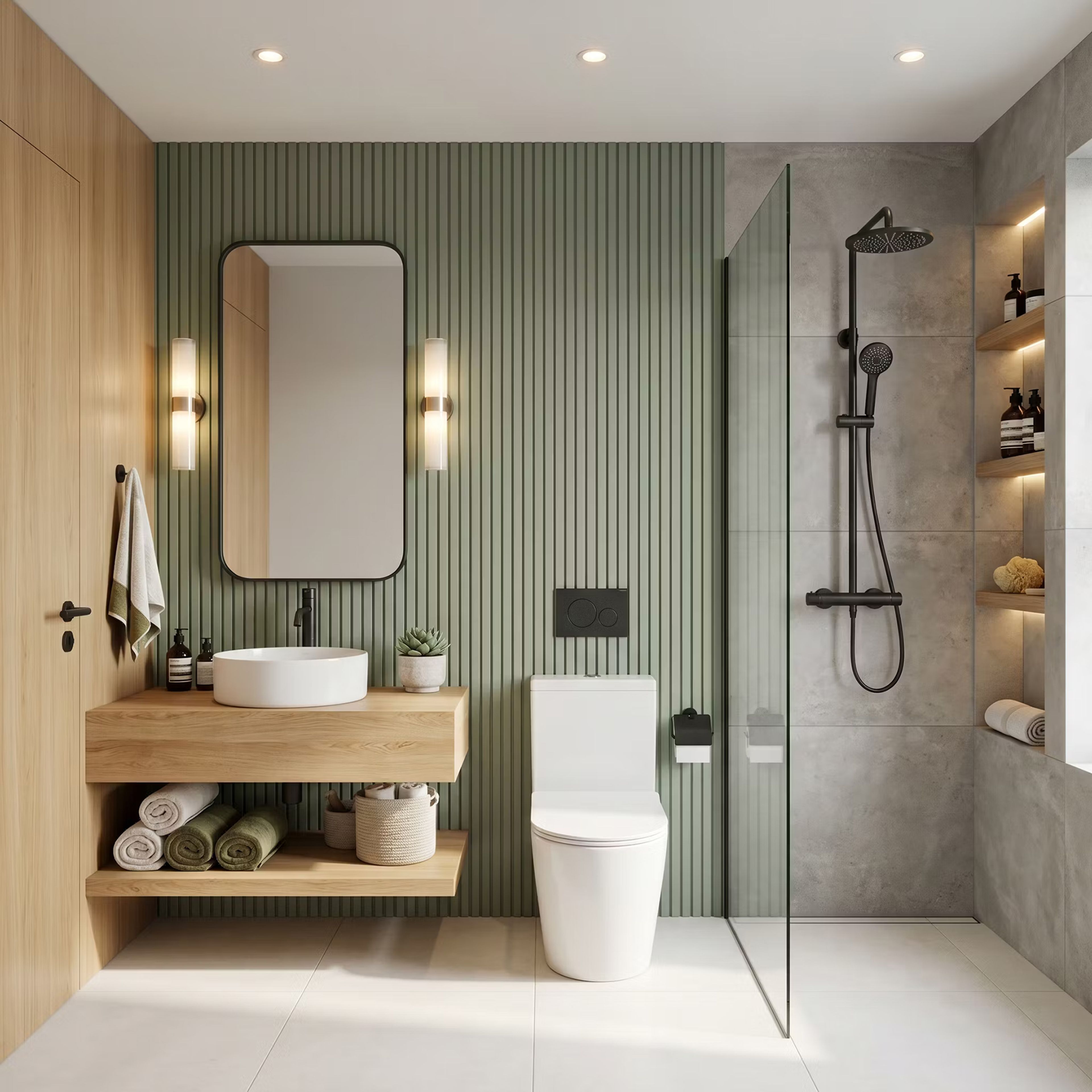 Contemporary Bathroom Design with Sage Green Walls and Open Wooden Console