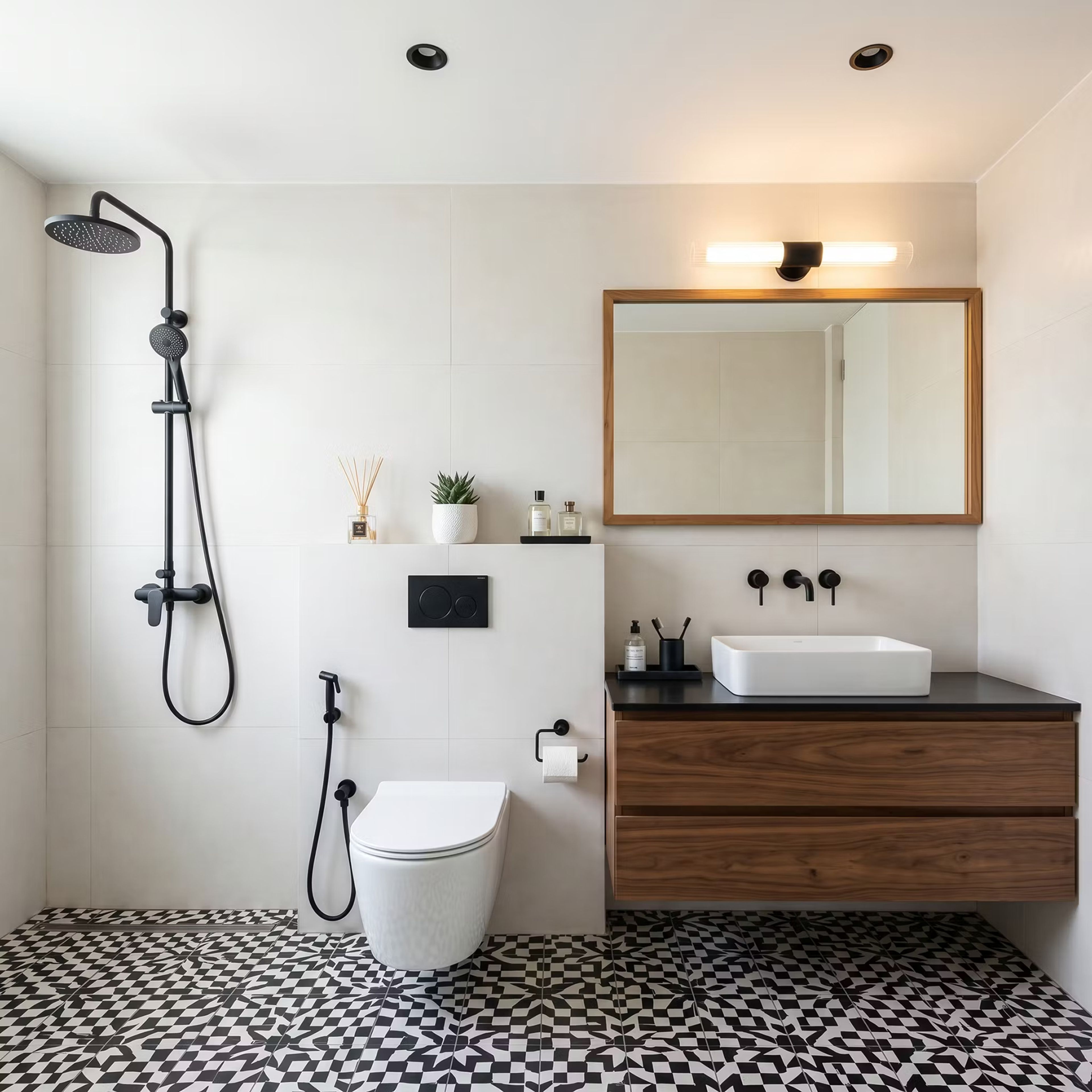 Modern Bathroom Design with Checkered Tiles and Warm Wooden Vanity Frame