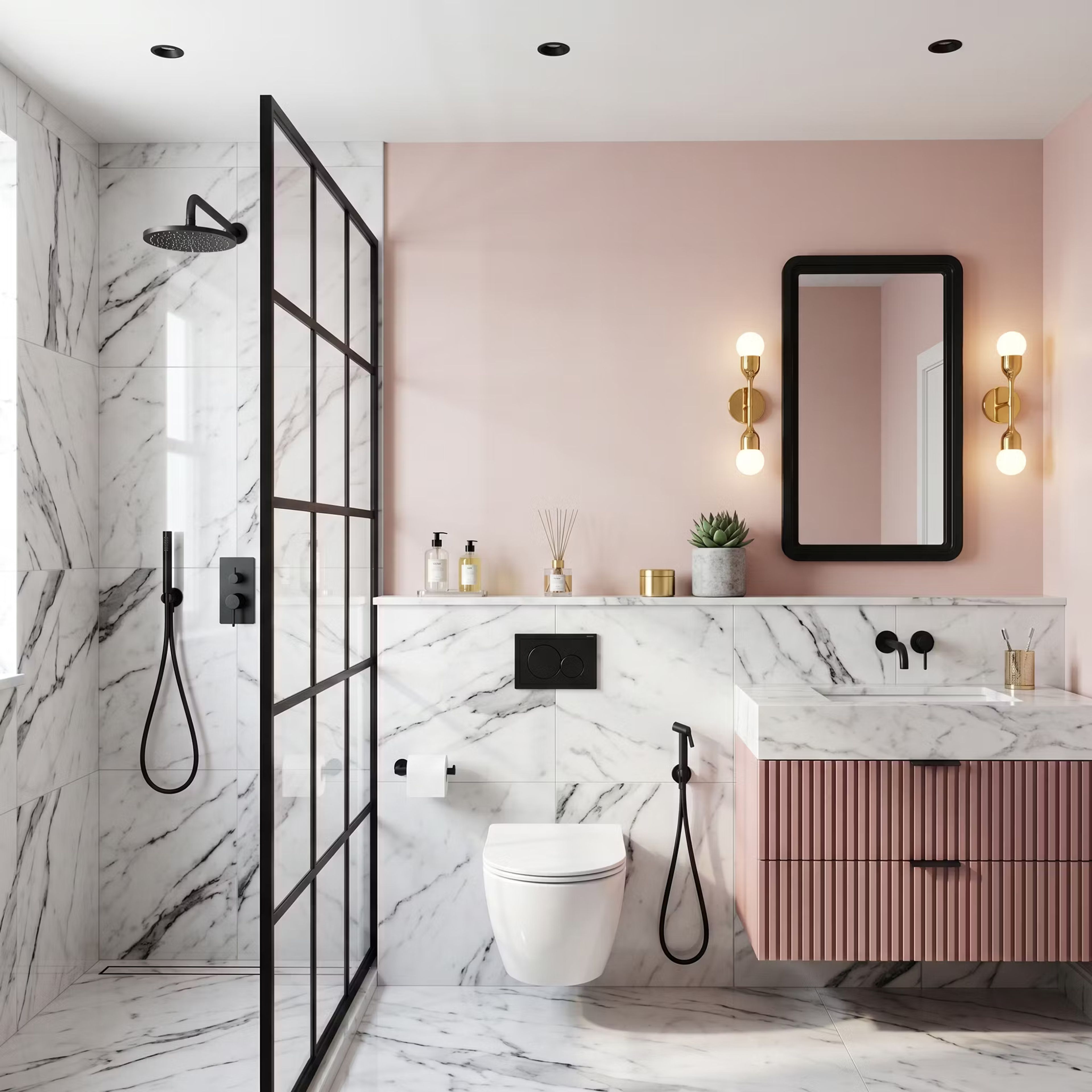 Contemporary Bathroom Design with Pink Ribbed Vanity and Black Marble Walls