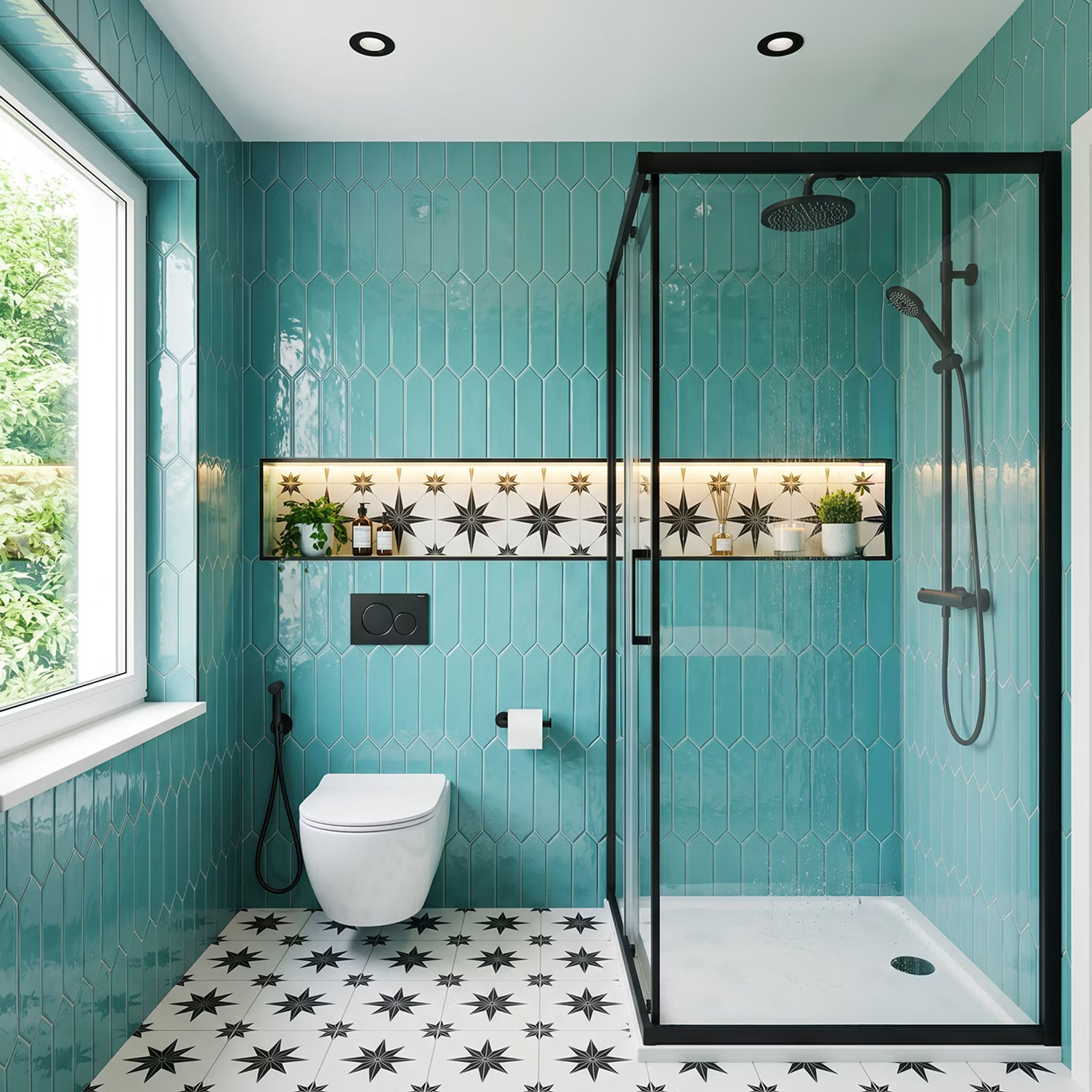 Modern Eclectic Bathroom Design with Teal Hexagonal Tiles and Starburst Floors