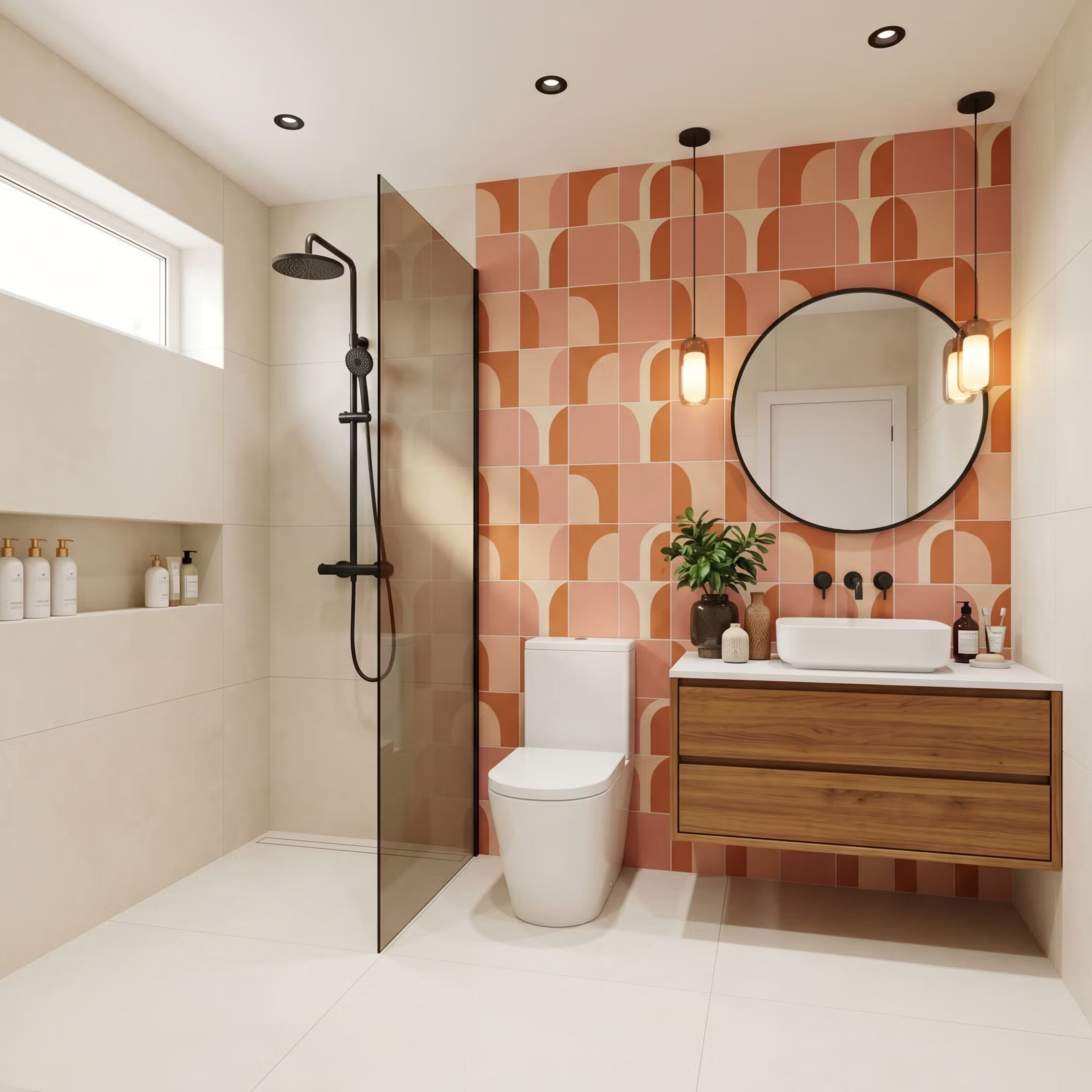 Mid Century Modern Bathroom Design with Coral Geometric Tiles and Round Mirror